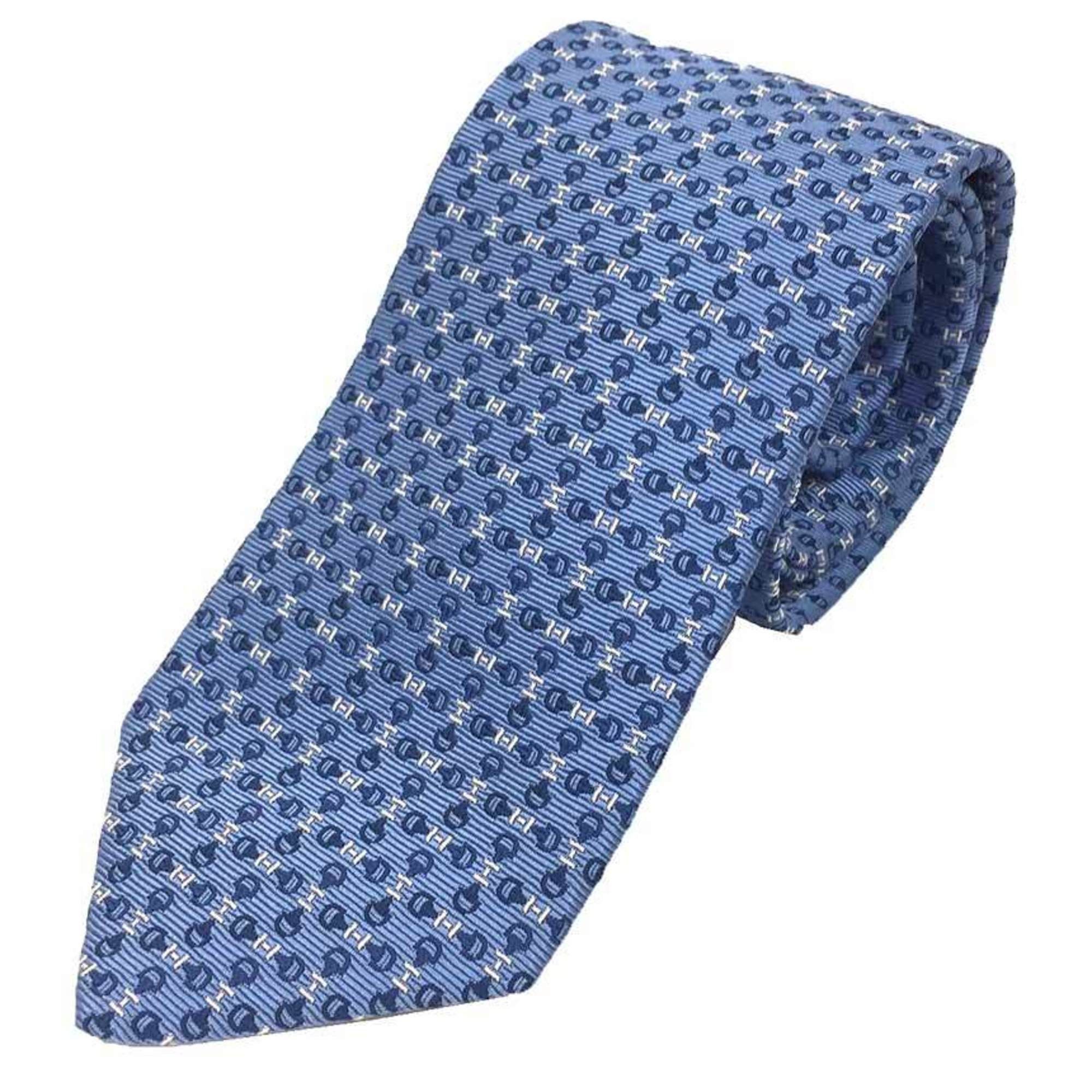 image of Hermes Necktie 100% Silk H Bit Pattern Horse Tackle Blue Men's Aq9431