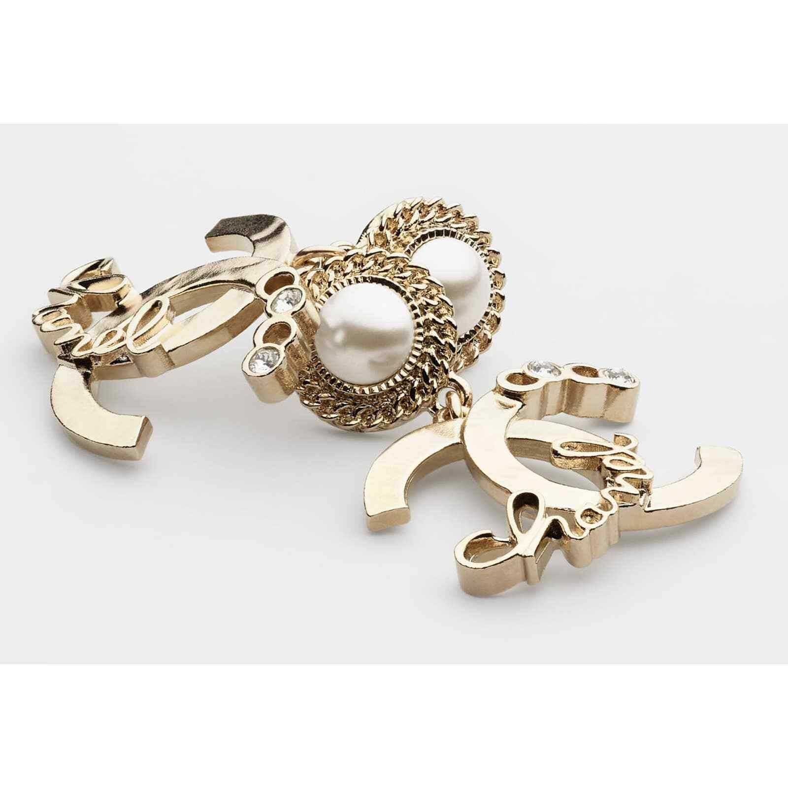 Chanel Chanel Gold Crystal Pearl White Dangle Statement Earrings Size ONE SIZE - 6 Thumbnail
