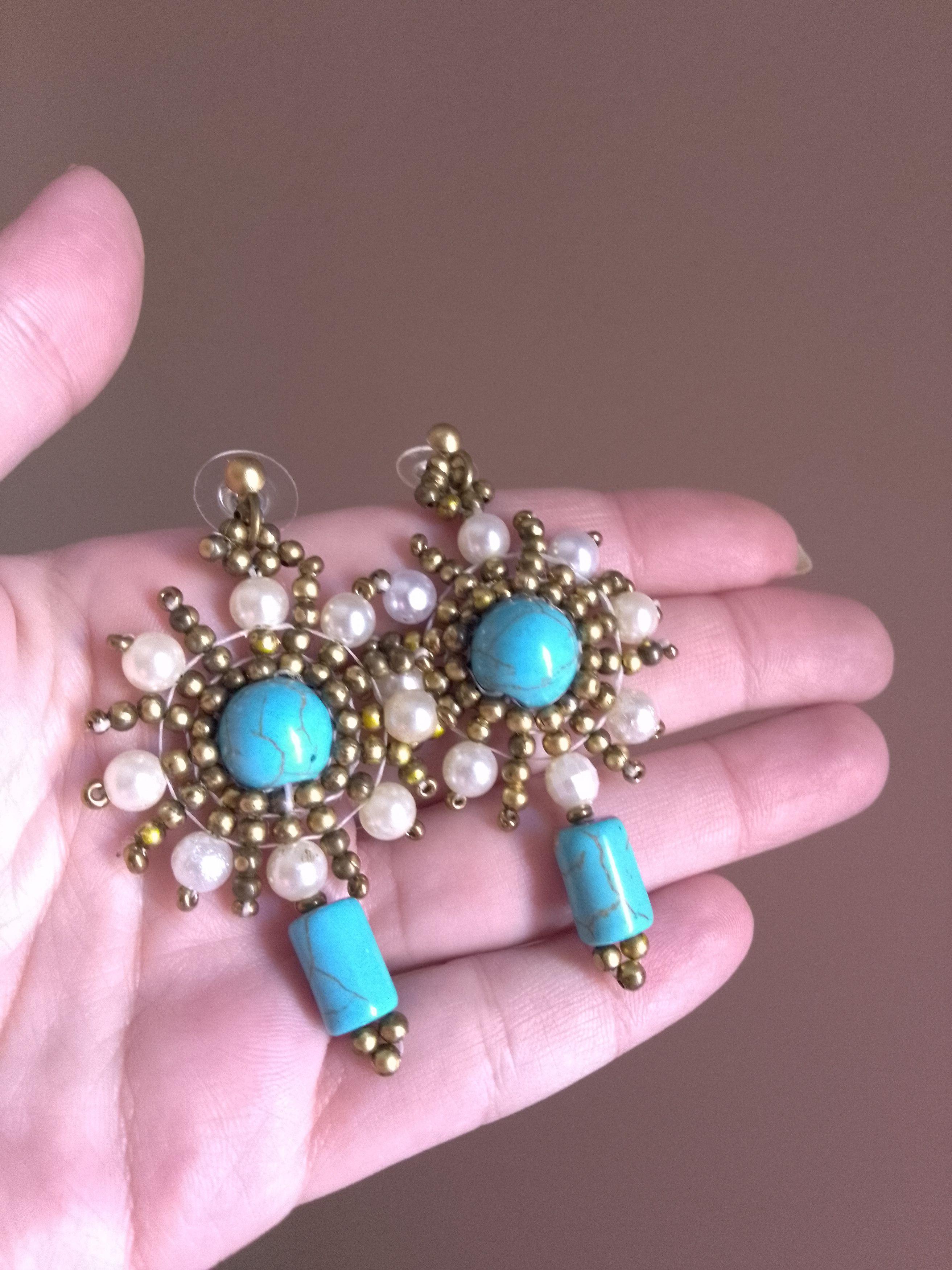 Handmade Earrings Precious Turquoise Howlite gemstones. pearls, brass Size ONE SIZE - 2 Thumbnail