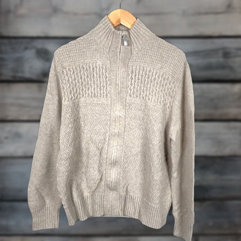 Vintage VINTAGE Kenneth Roberts Platinum Sweater Cardigan Long Sleeve Mock Neck Full Zip Beige Wool Blend Cotton Knit Men L Large Regular Preppy Size US L / EU 52-54 / 3 - 1 Thumbnail
