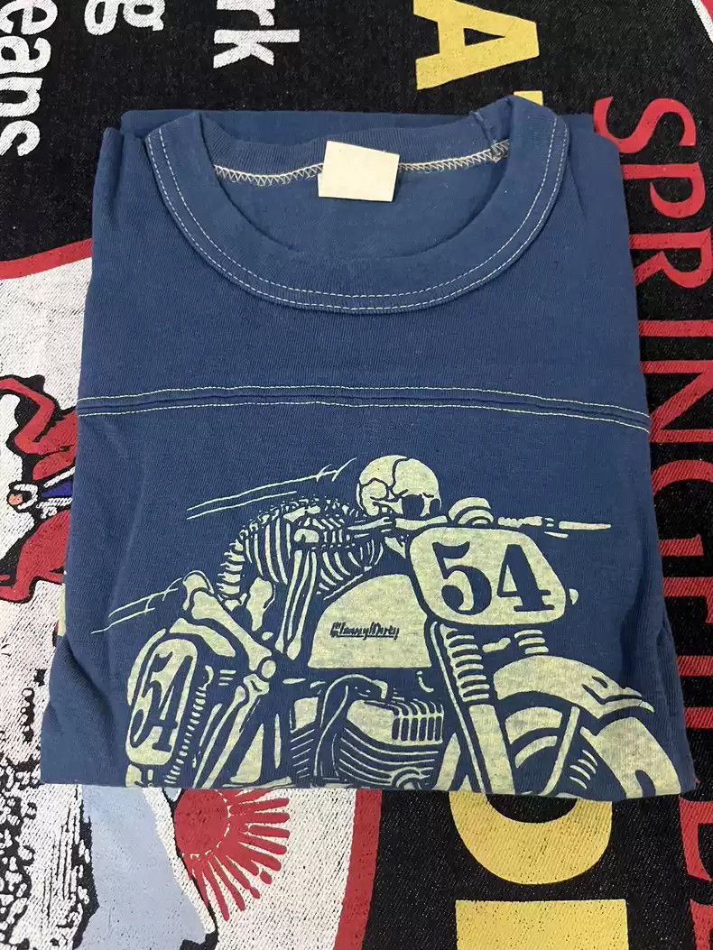 image of Freewheelers Associated Bootleggers Cropped Sleeve T-Shirt in Blue, Men's (Size Medium)
