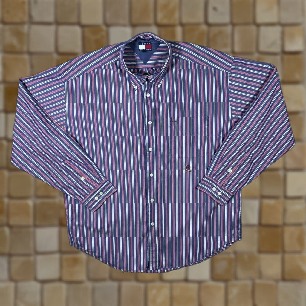 Tommy Hilfiger VINTAGE Tommy Hilfiger Button-Down Shirt Striped Cotton Long Sleeve Blue Red White Multicoloured Regular Adult Large Mens Shirt Size US L / EU 52-54 / 3 - 1 Thumbnail
