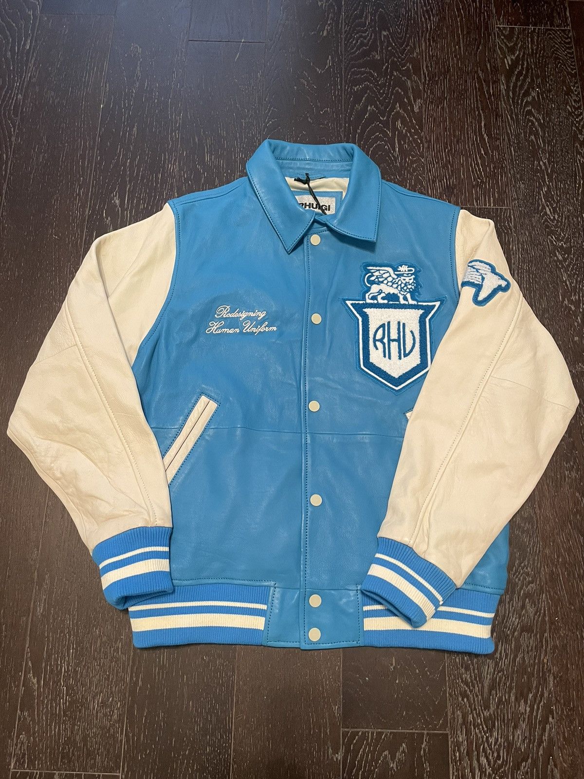 image of Rhude x Zara Rhu X Zara Leather Varsity Jacket in Blue, Men's (Size Medium)