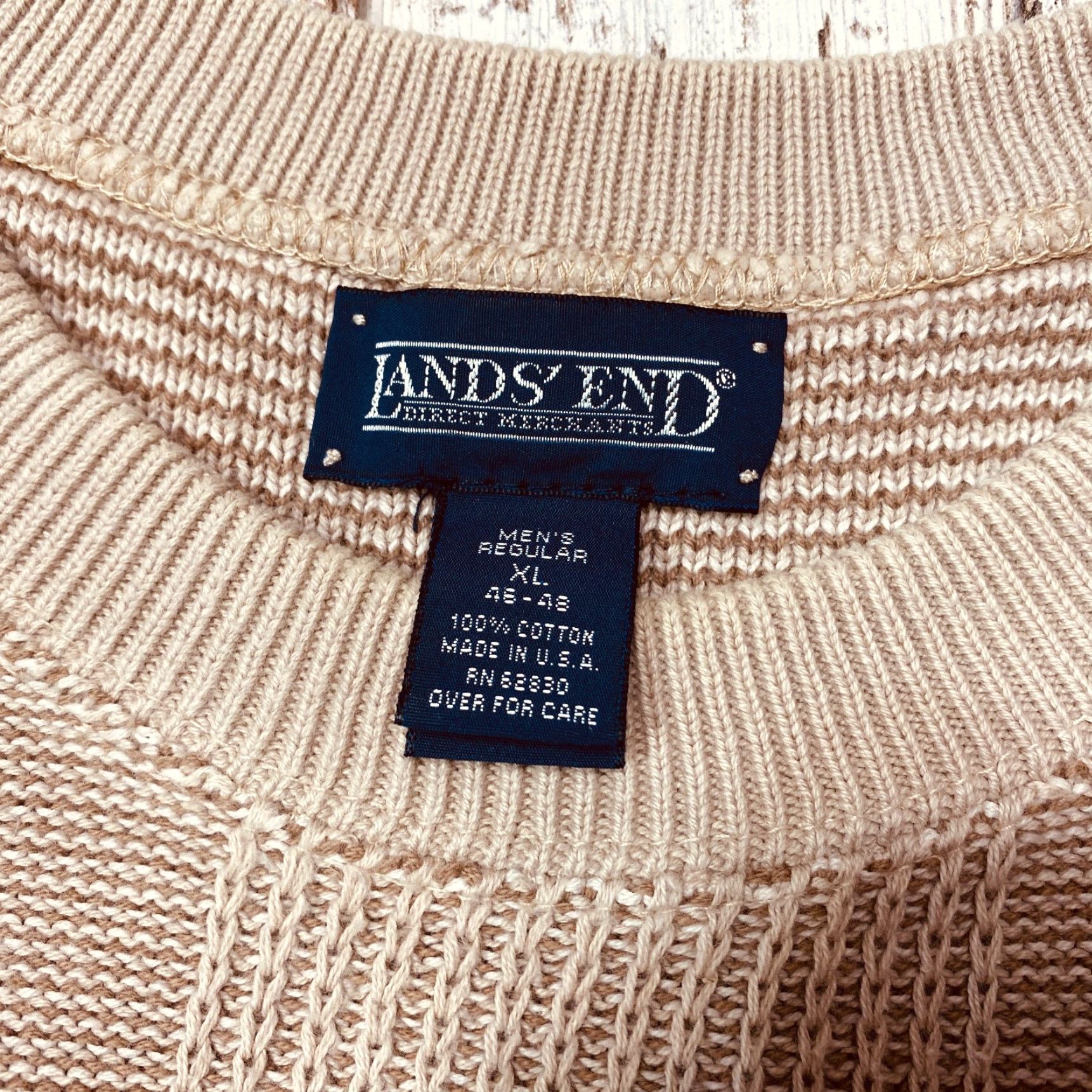 Lands' End VINTAGE Lands' End Geometric Sweater Men's XL Beige Tan Crew Neck Knit Made USA Size US XL / EU 56 / 4 - 7 Thumbnail