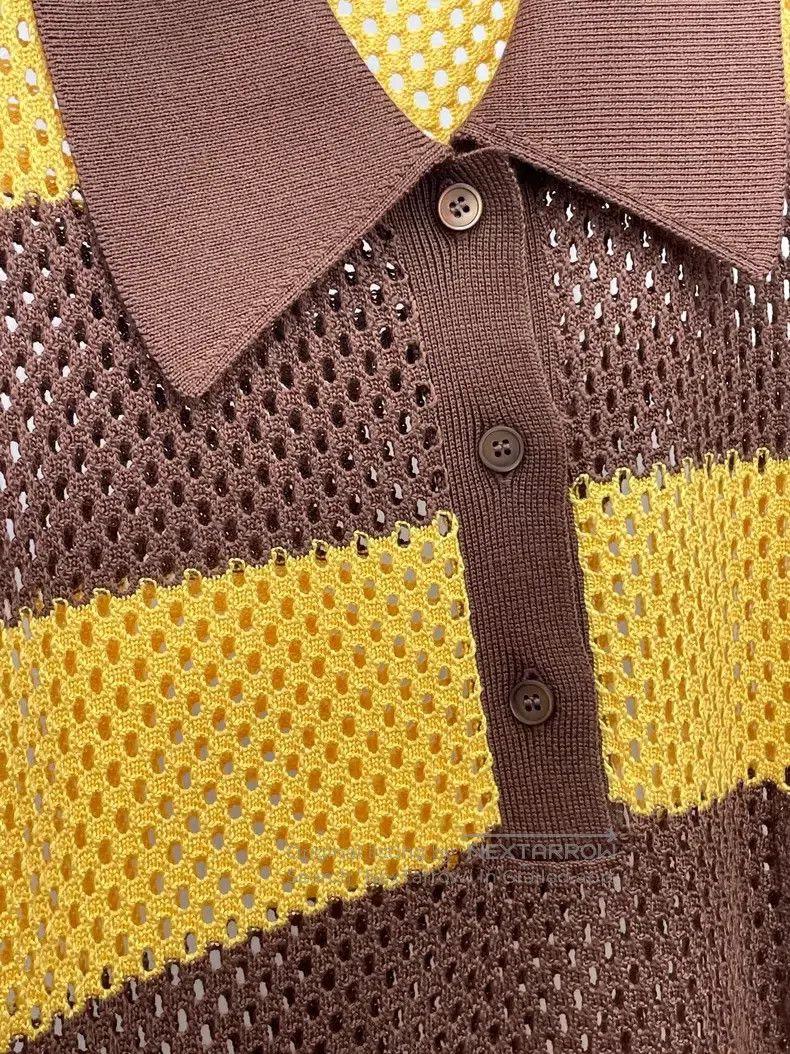 Miu Miu Miu Miu 40 Yellow-brown striped mesh long knitted Polo shir Size M / US 6-8 / IT 42-44 - 4 Thumbnail