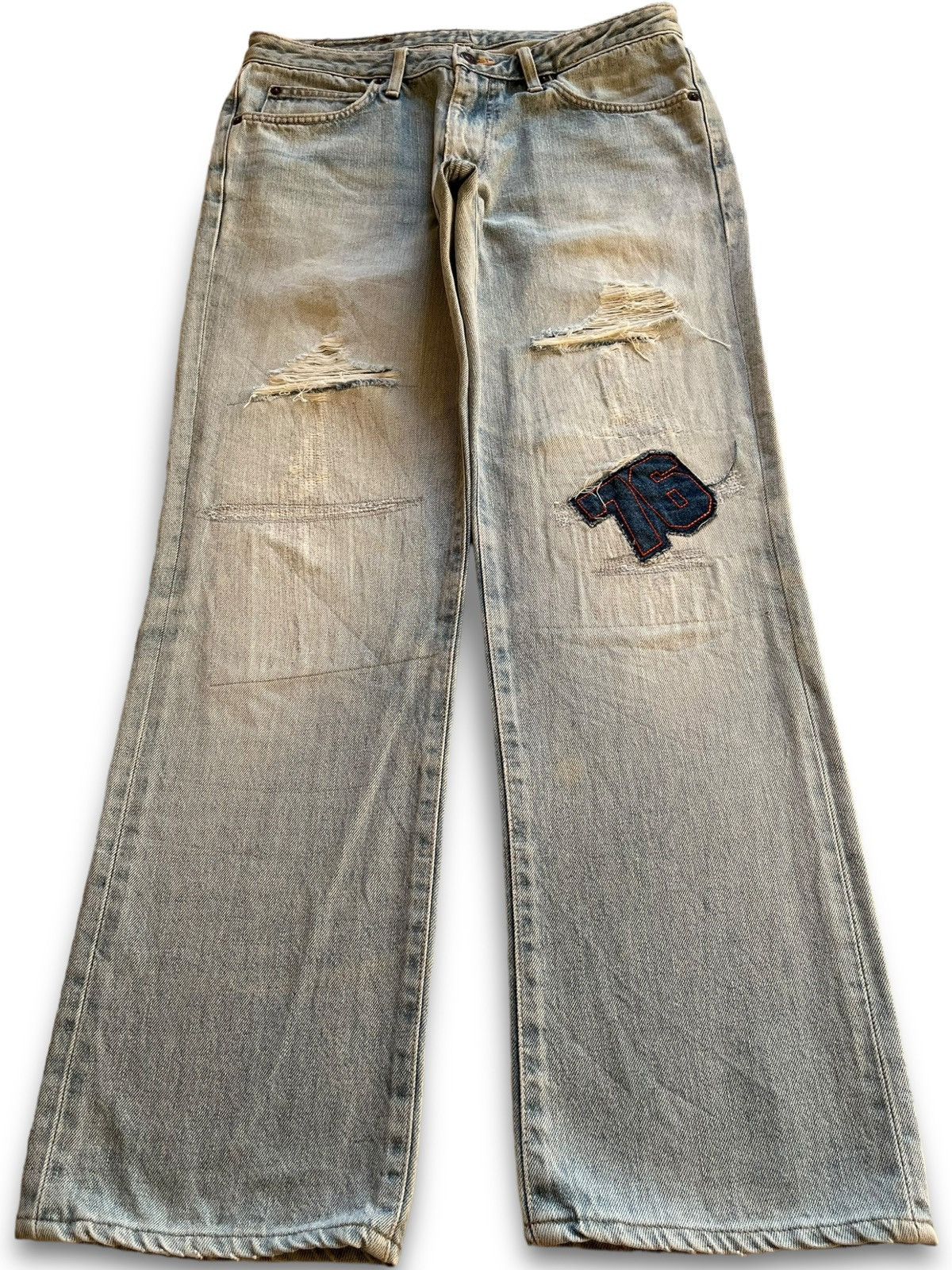 image of Distressed Denim x Edwin Vintage Japan Edwin 503 Distressed Patched Baggy Style Jeans in Blue (Size