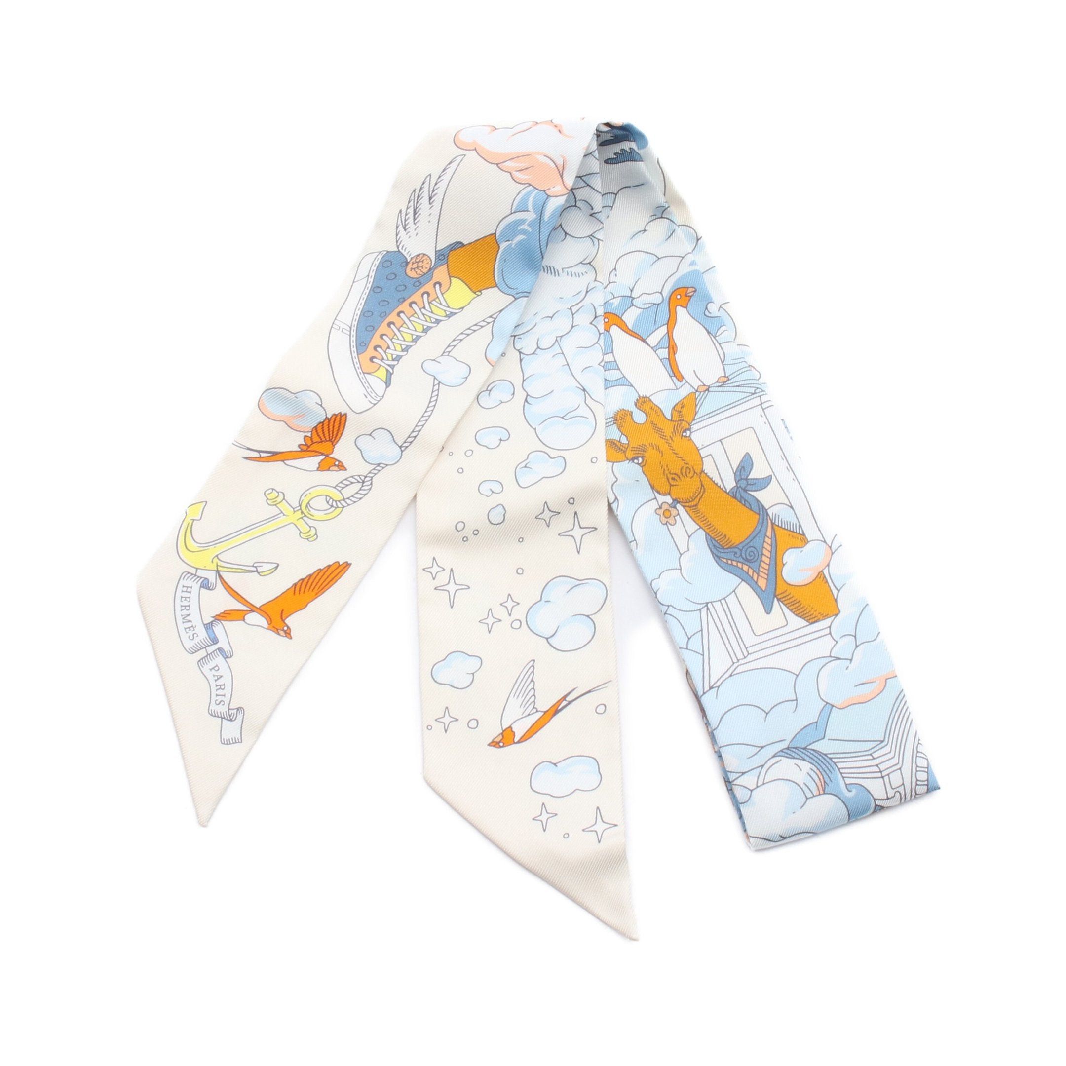 Hermes Hermes Twilly Sur Mon Nuage Ribbon Scarf Silk Ivory Light Blue Multicolor Size ONE SIZE - 1 Thumbnail