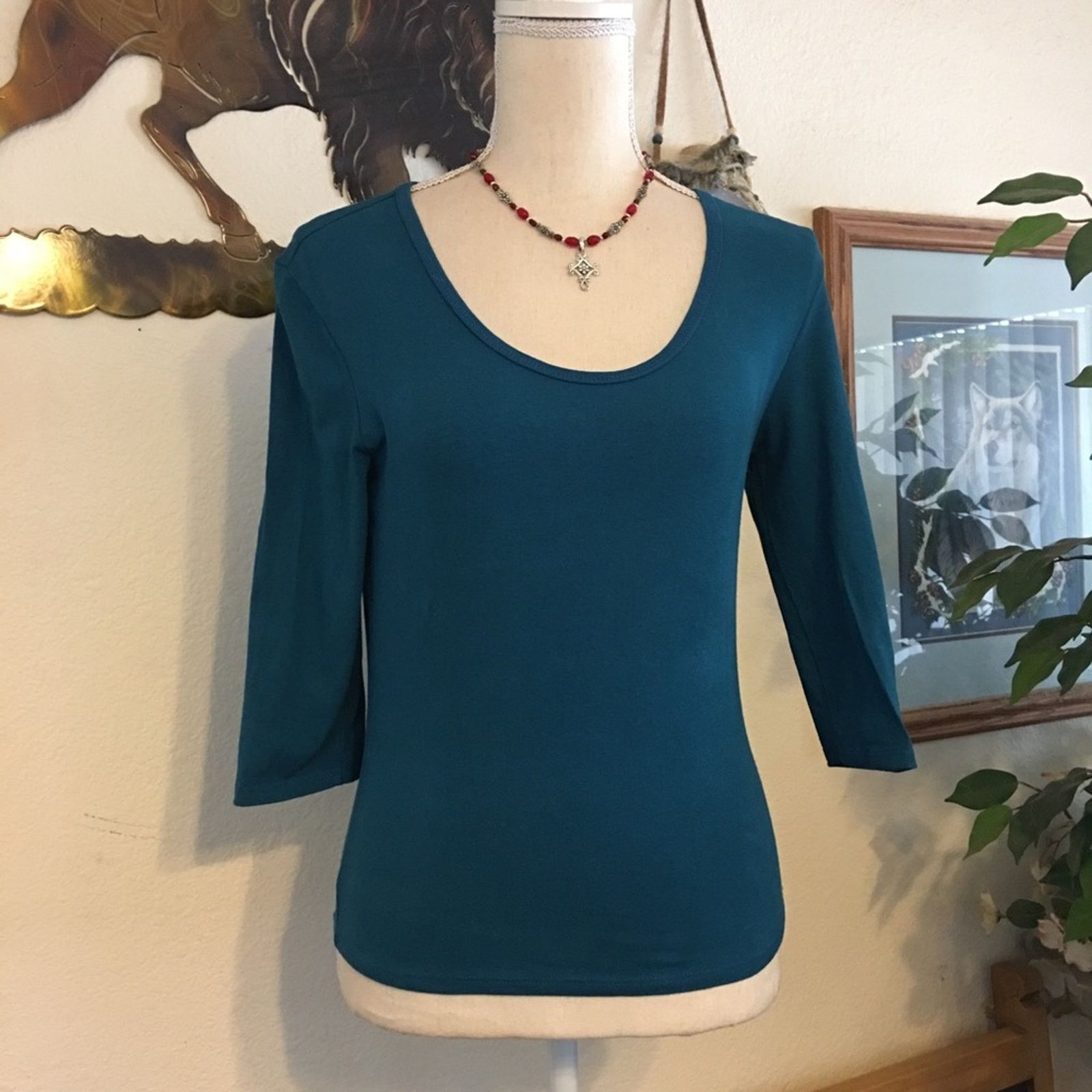 Vintage ellemenno turquoise blue 3/4 sleeve stretch top S Size S / US 4 / IT 40 - 1 Thumbnail