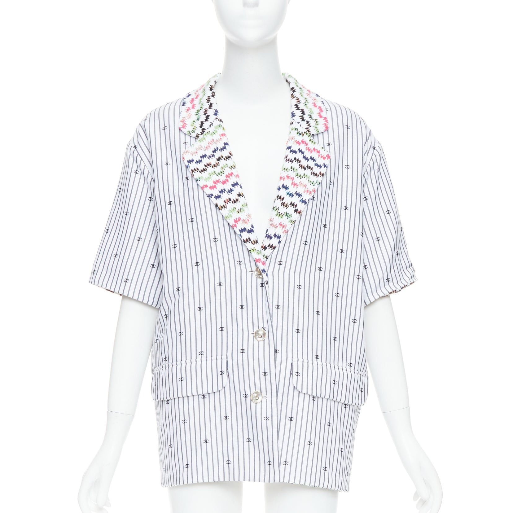 Chanel CHANEL 2021 multicolor tweed white CC logo stripe short sleeve jacket FR38 M Size M / US 6-8 / IT 42-44 - 1 Thumbnail