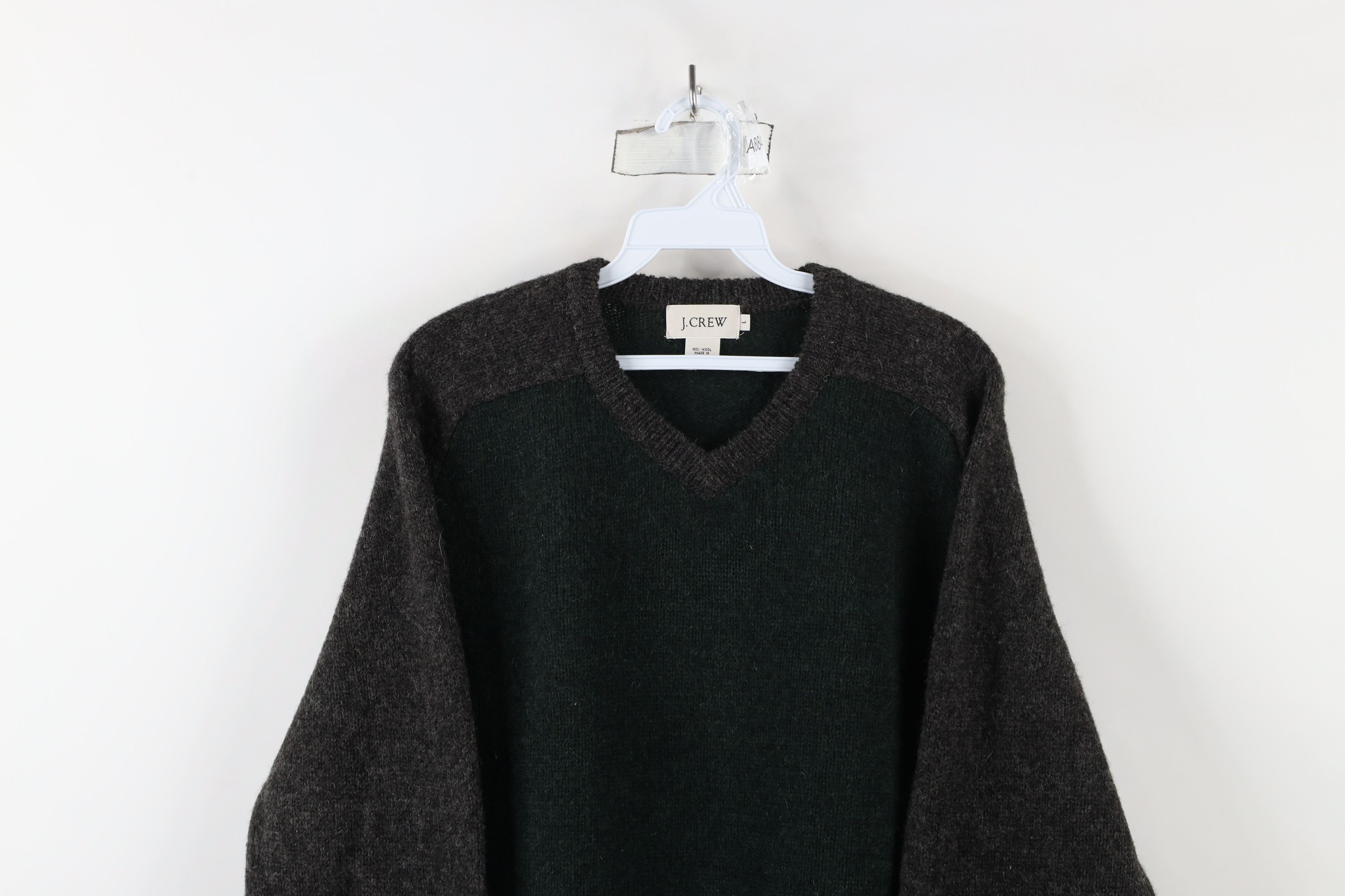 Vintage 90s J Crew Block Wool Knit V-Neck Sweater Green Gray