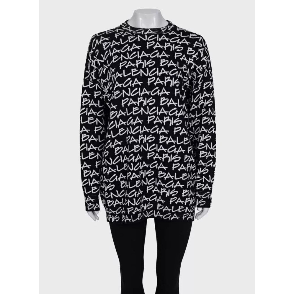 Balenciaga Balenciaga Black Oversize Logo Print Wool Sweater sz.S Size S / US 4 / IT 40 - 1 Thumbnail