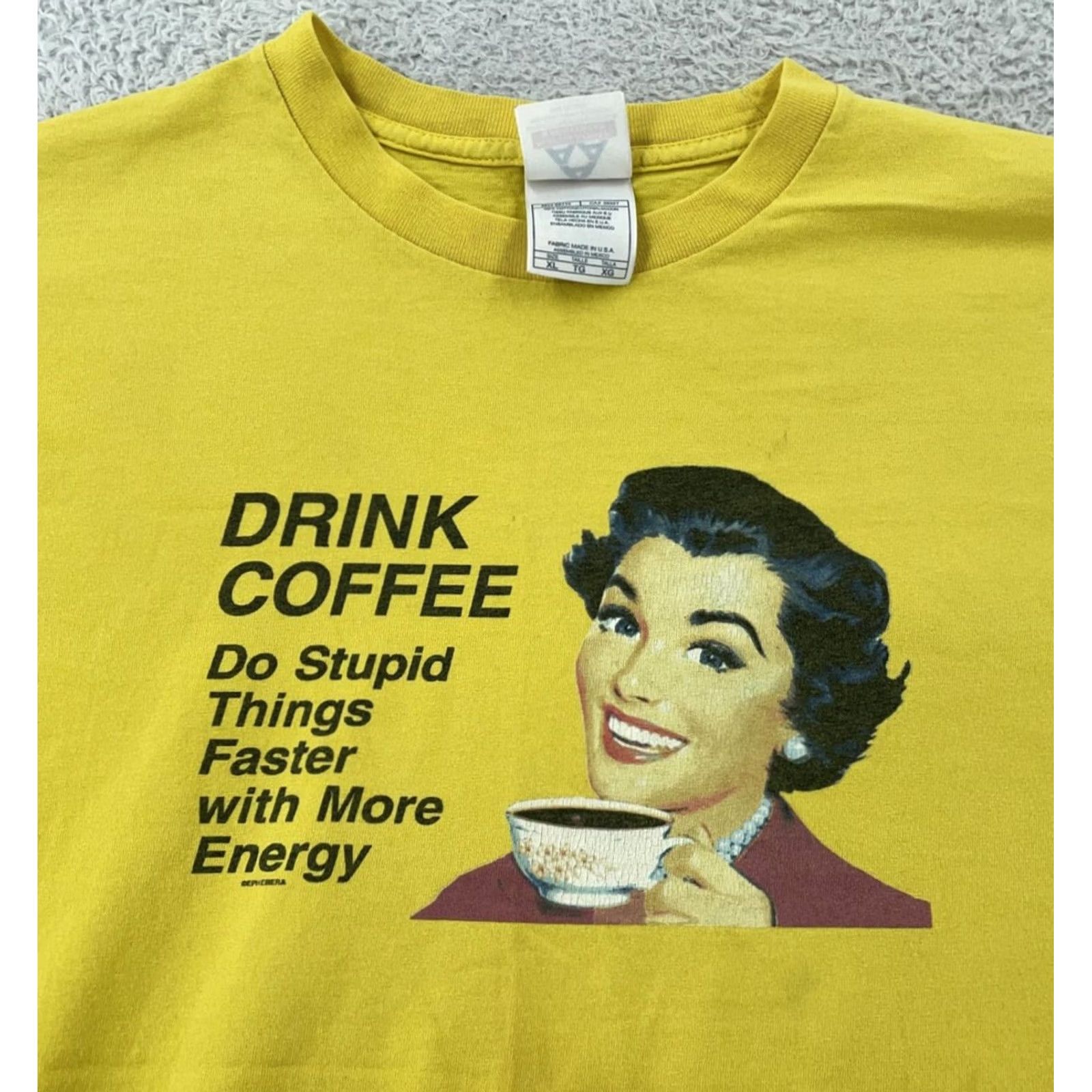 Vintage Vtg Drink Coffee Do Stupid Things Ephemera Pop Art T-Shirt L/XL Yellow Joke Size US L / EU 52-54 / 3 - 2 Thumbnail