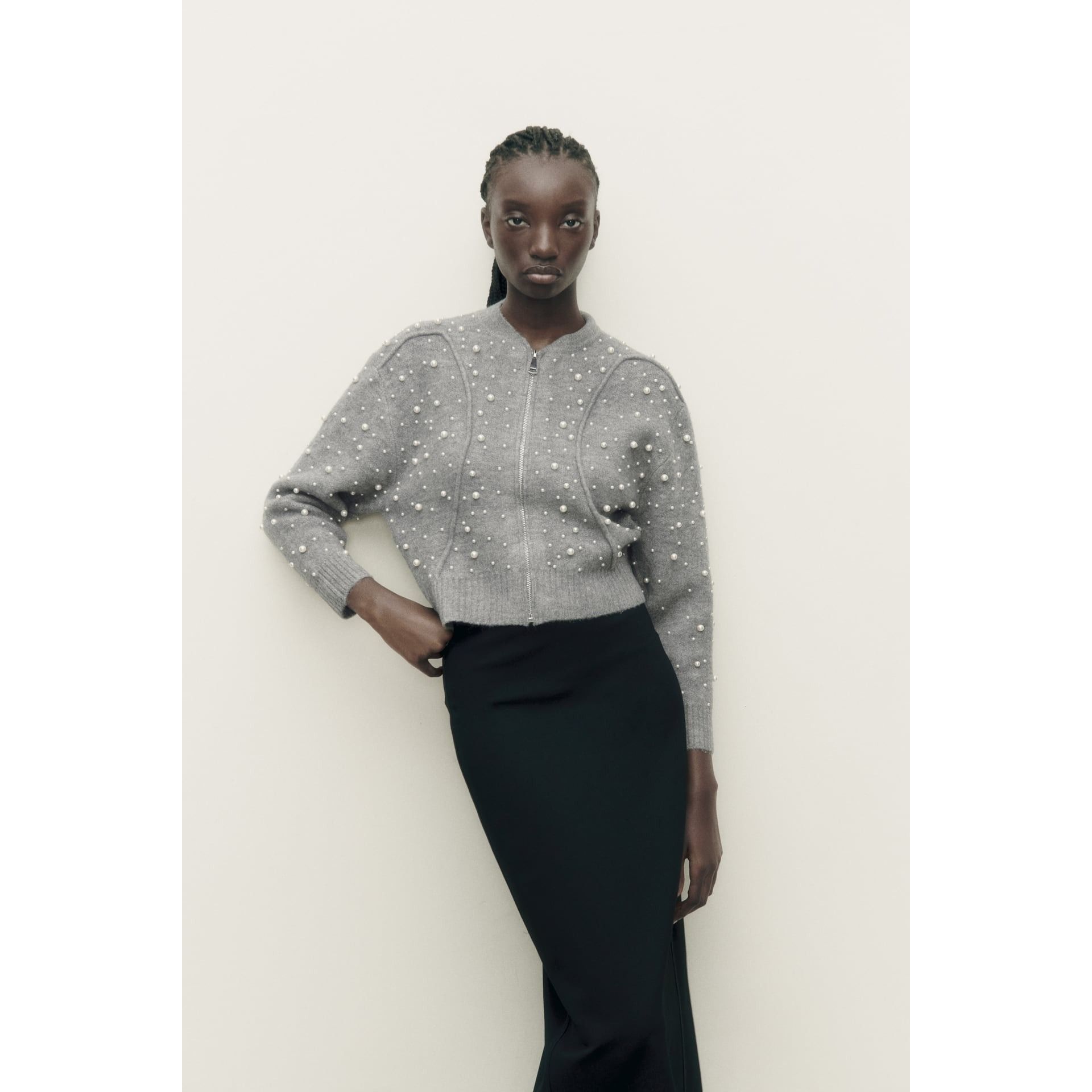 Zara Zara Grey Pearl-Embellished Bomber Zip Cardigan Size S / US 4 / IT 40 - 2 Thumbnail