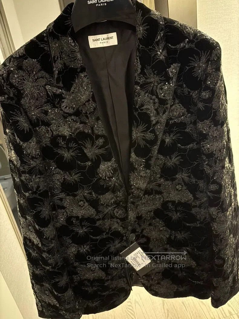 Saint Laurent Black Velvet Embroidered Blazer.