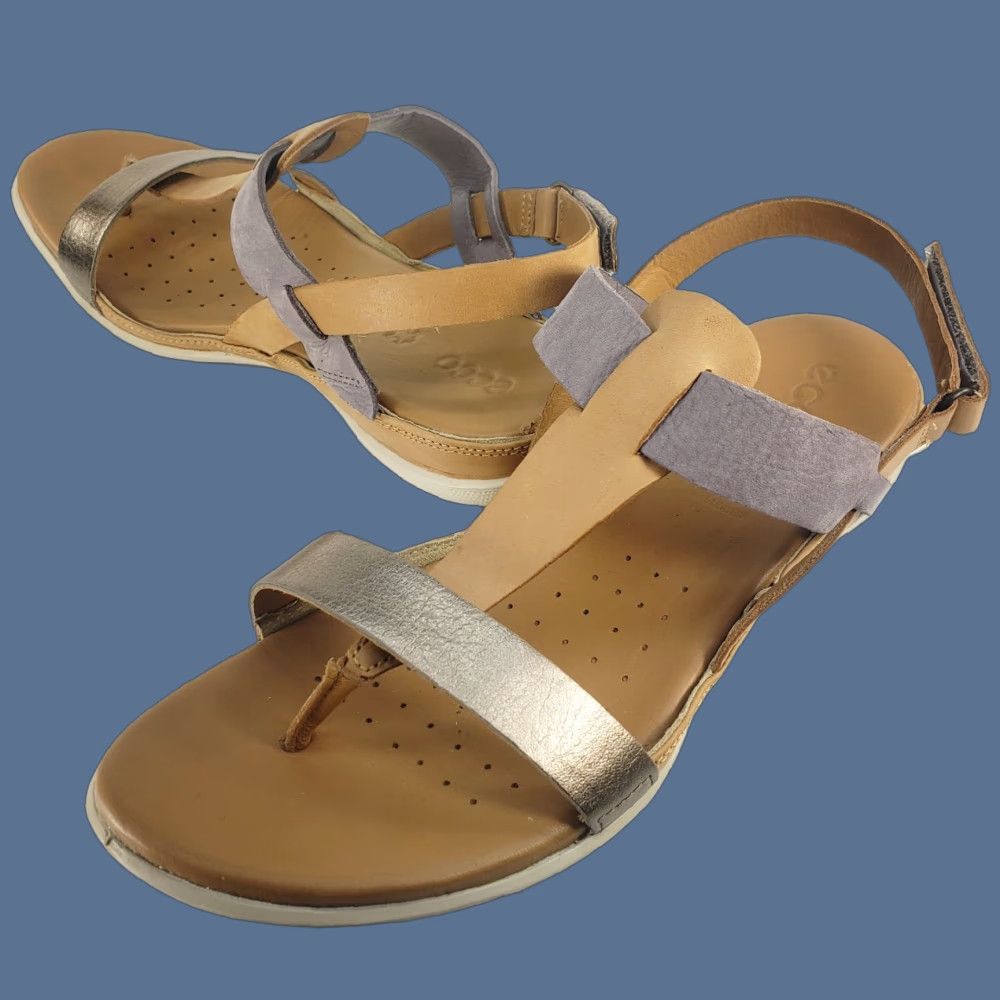 Ecco ECCO Strappy Slingback Slip On Sandals Tan Gray Metallic Silver EU 40 US 9/9.5 Leather Casual to Dressy Comfort Women Slippers Sandals Size US 9 / IT 39 - 1 Thumbnail