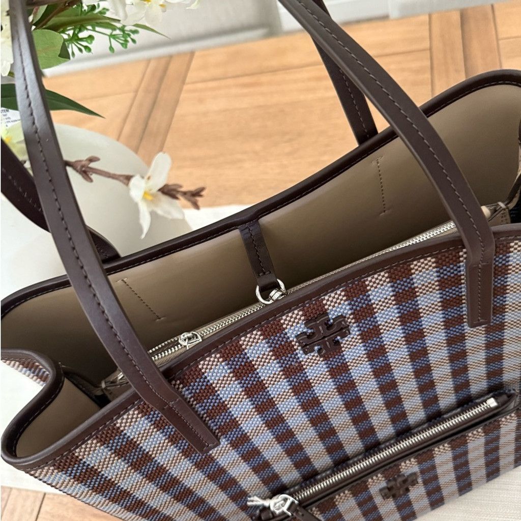 Tory Burch Tory Burch Blake Plaid Zip Tote Blue Multi Woven Nylon Size ONE SIZE - 5 Thumbnail
