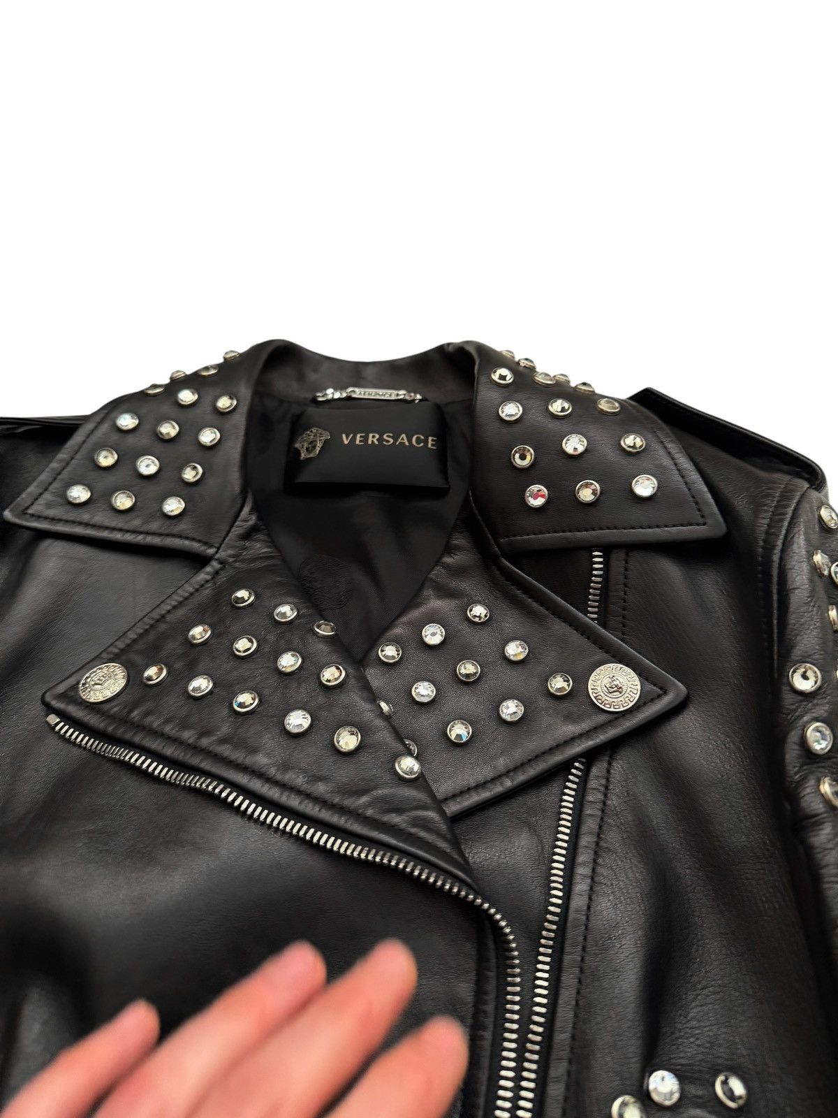 Versace $6,825 Crystal Studded Leather Motorcycle Biker Jacket Size M / US 6-8 / IT 42-44 - 5 Thumbnail