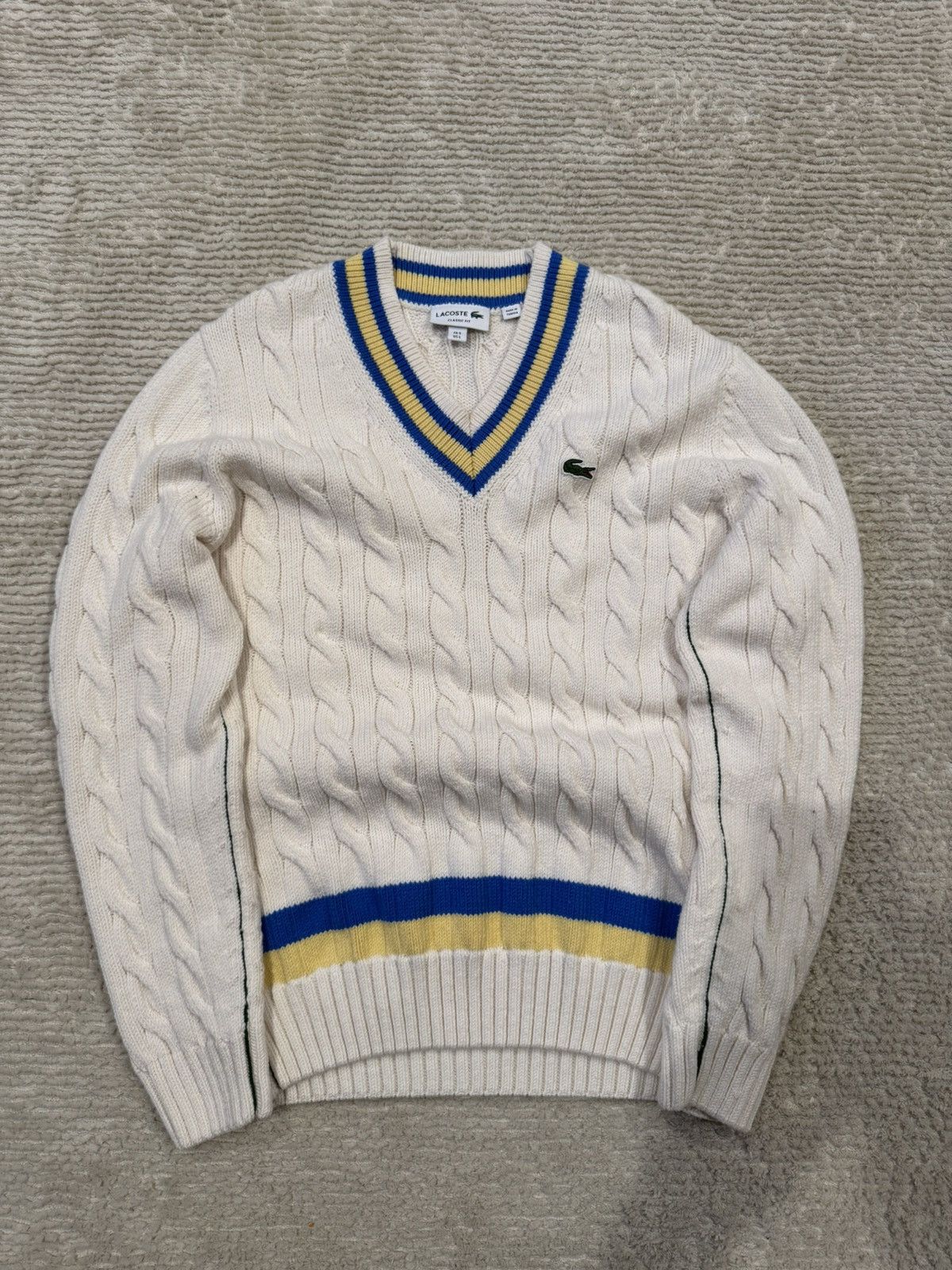Lacoste Lacoste Cable Knit Tennis V-Neck Sweater – White/Blue/Yellow Size US L / EU 52-54 / 3 - 1 Thumbnail