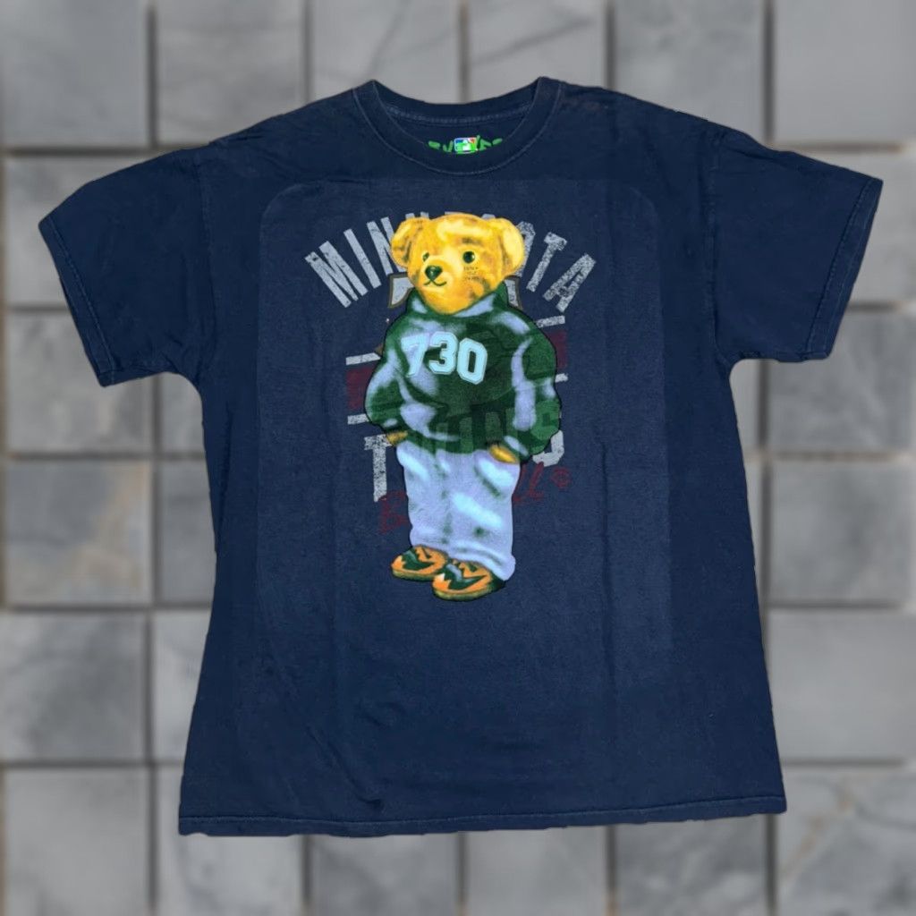 Asspizza Teddy Bear Graphic T-Shirt Navy Large Mens Short Sleeve Crew Neck Cotton Vintage-Style 21x28