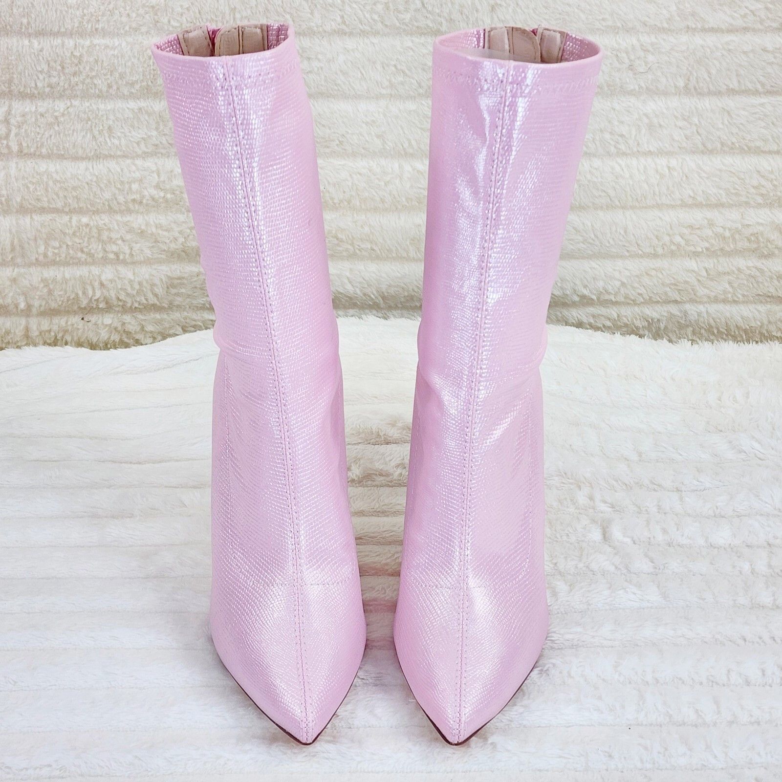 Other Odin Shimmery Baby Pink High Heel Stretch Fabric Ankle Boots Size US 11 / IT 41 - 3 Thumbnail