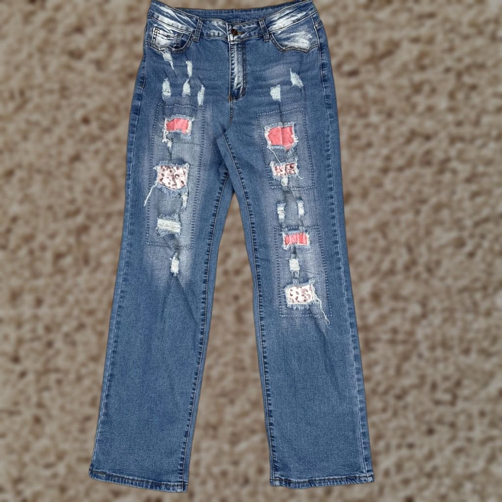 Vintage VINTAGE? No — Straight Jeans Womens XL Blue Med Wash Mid Rise Patchwork Distressed 29x30 Size 40" / US 18 - 1 Thumbnail