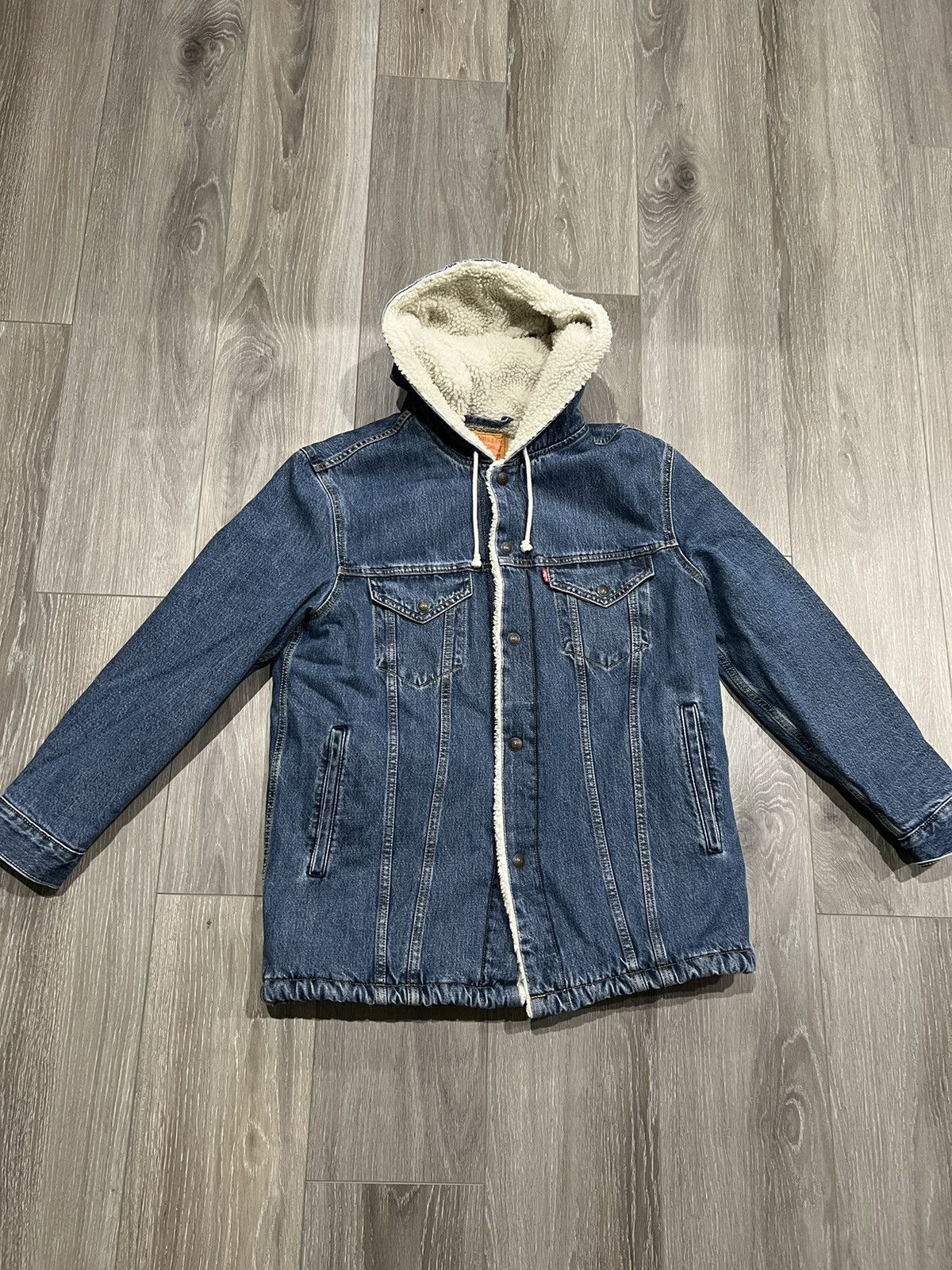 Levis Denim Jean Jacket Sherpa Lined Drawstring Hoodie