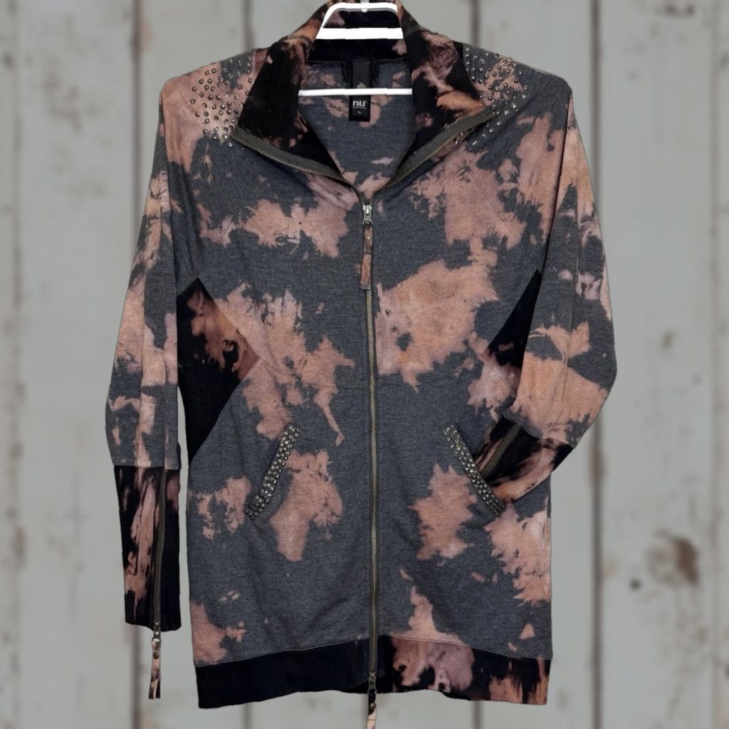 Vintage NU by Staff Woman Full Zip Tunic Jacket XL Tie Dye Pockets Long Sleeve Grunge Jersey Knit Beaded Casual Jacket Womens Size XL / US 12-14 / IT 48-50 - 1 Thumbnail