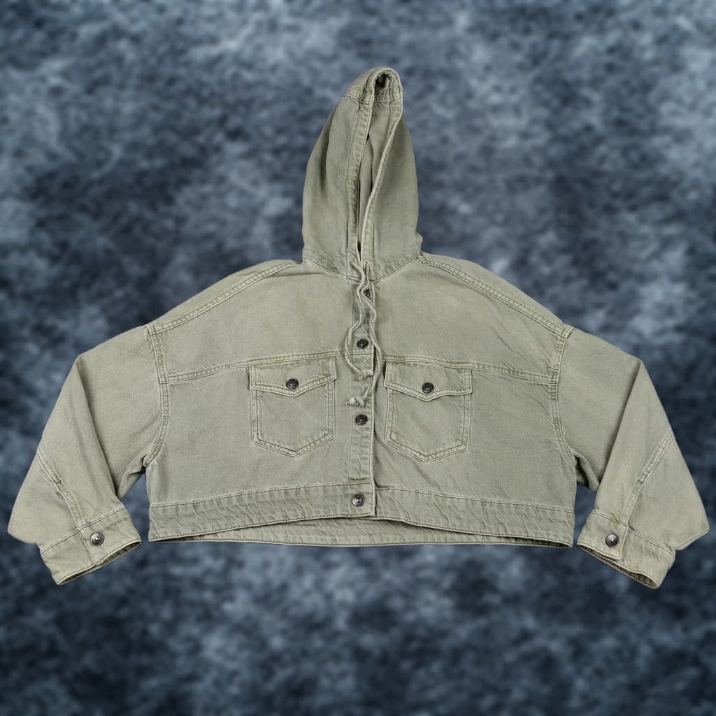 Zara VINTAGE Zara Jacket Womens Small Green Hooded Cropped Twill Snap Front Utility Pockets Size S / US 4 / IT 40 - 1 Thumbnail