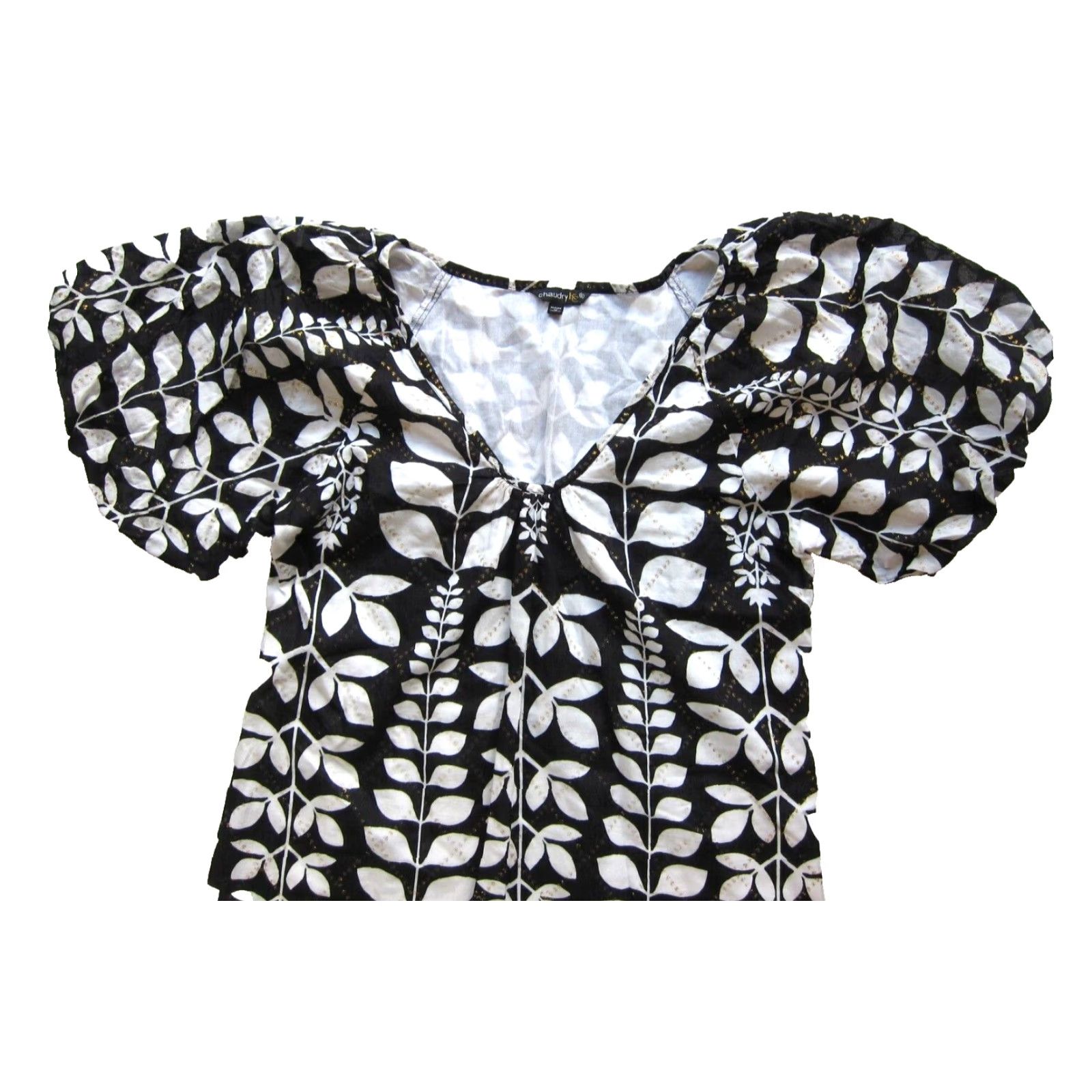 Vintage Chaudry KC Black White Gold Floral Puff Sleeve V-Neck Tunic Smock Dress Small Size S / US 4 / IT 40 - 4 Thumbnail