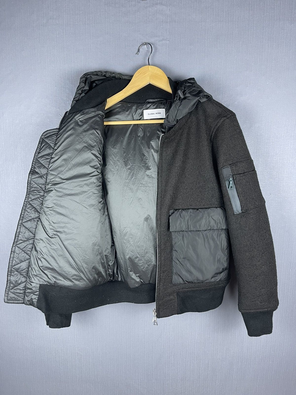 Global Work × Vintage Vintage Global Work Bomber Hoodie Wool Jacket Size US M / EU 48-50 / 2 - 9 Thumbnail