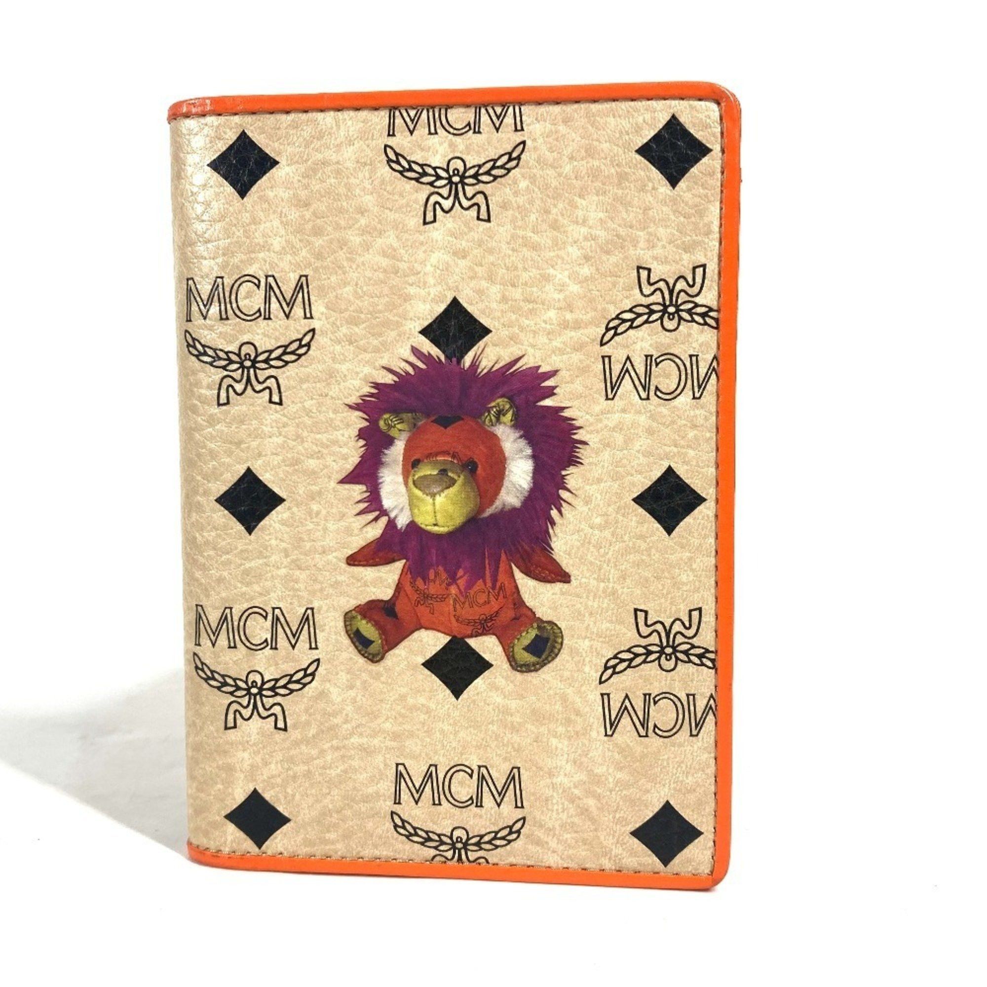 MCM Bear Visetos Logo Fur Lion Passport Cover Stationery Case Leather Men's Women's Orange
