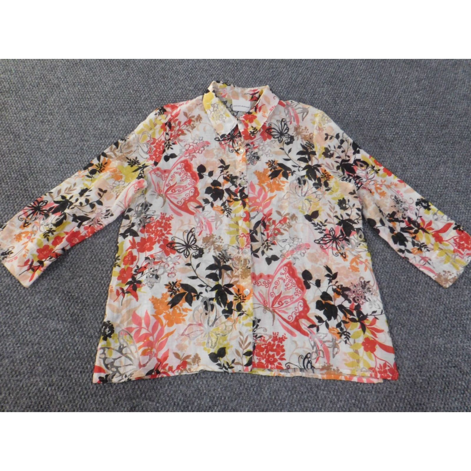 Vintage Alfred Dunner Button-Up Top XL Red Floral Sheer Butterfly Womens Long Sleeve Casual Pullover Round Neck Size XL / US 12-14 / IT 48-50 - 4 Thumbnail