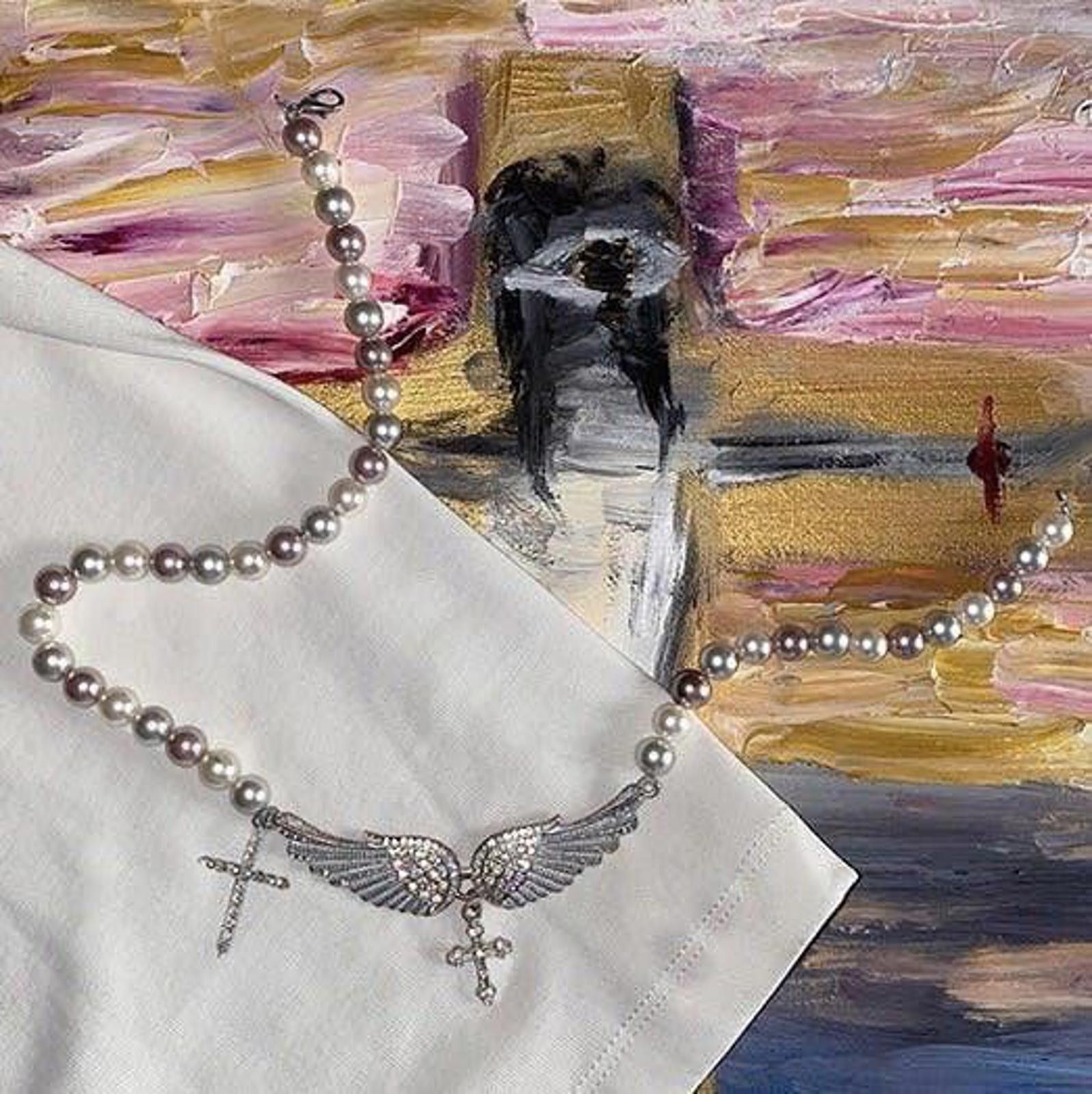 Jewelry Fashion punk angel wing cross pendant pearl chain Necklace Size ONE SIZE - 2 Thumbnail
