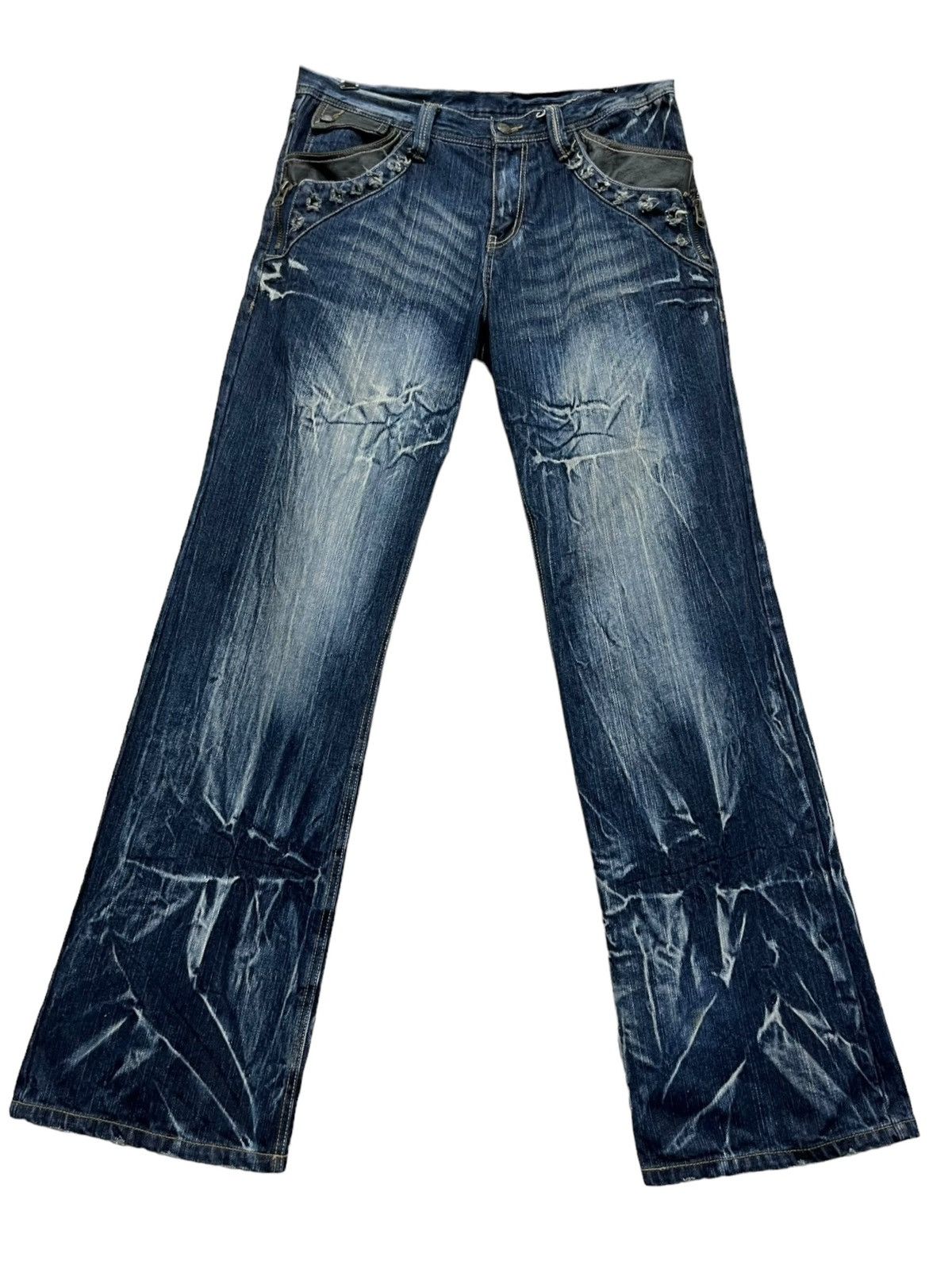 Beauty Beast × If Six Was Nine × Tornado Mart FYE🔥Vtg 90’s TRIXY Punk Studded Acid Wash Blue Flare Denim Size US 33 - 2 Thumbnail