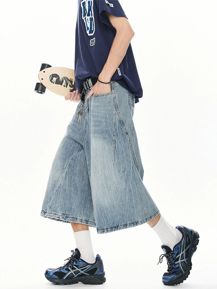 Jean American washed men's loose wide-leg patchwork denim shorts Size US 32 / EU 48 - 5 Thumbnail