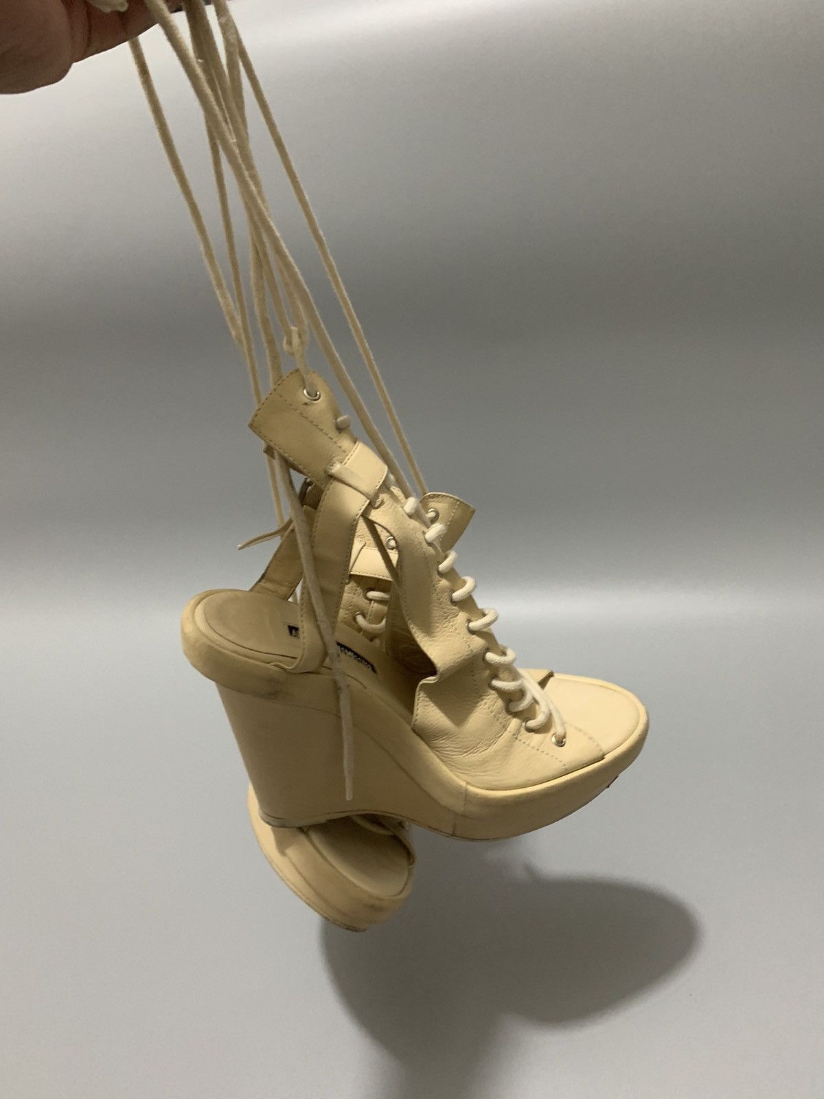 image of Ann Demeulemeester- Wedge Lace Up Boots in Cream, Women's (Size 7)