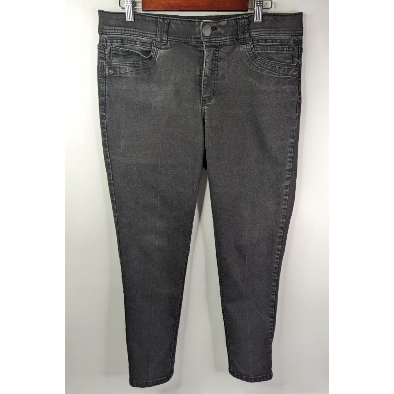 Vintage Democracy Jeans Women's 12 Black Denim Skinny Elastic Waist Belts Loops Pockets Zipper Logo Button Mid Rise Cotton Blend Lycra Spandex Size 34" / US 12 / IT 48 - 2 Thumbnail