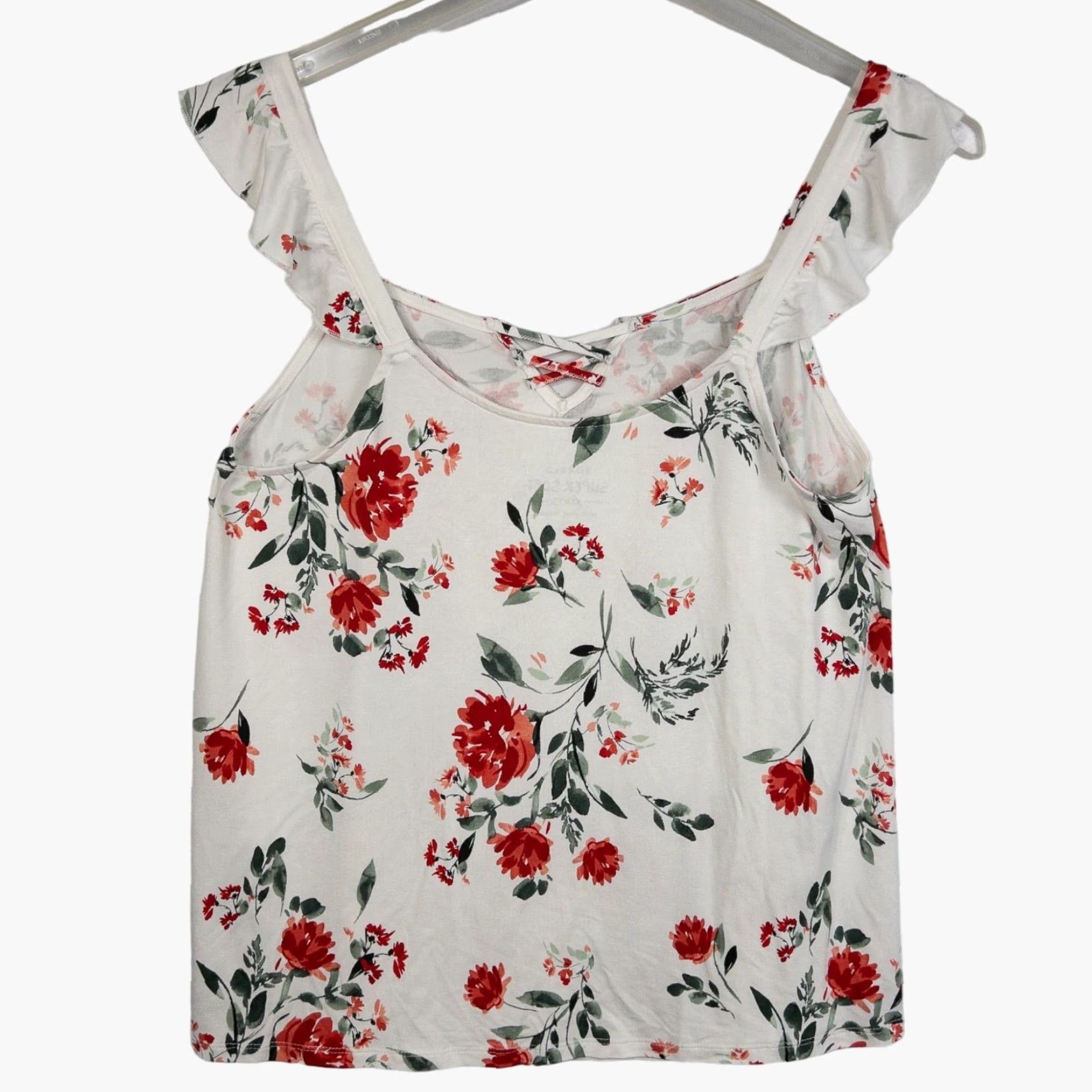 Torrid Torrid Super Soft Knits Ivory Red Floral Ruffle Tank Top Shirt Womens Plus 00 Sleeveless Knit Rayon Spandex Stretch N/A Size XXS / US 00 / IT 34 - 2 Thumbnail