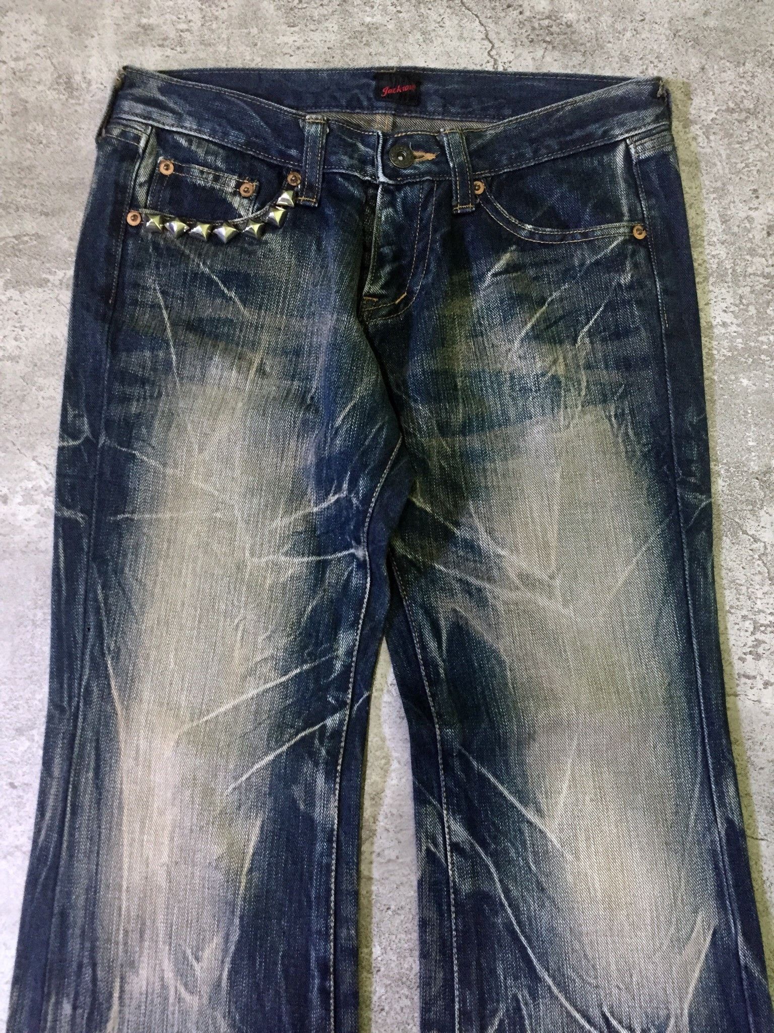 If Six Was Nine Jackrose Whiskered Wash Studed Flare Denim Pants Size US 29 - 2 Thumbnail