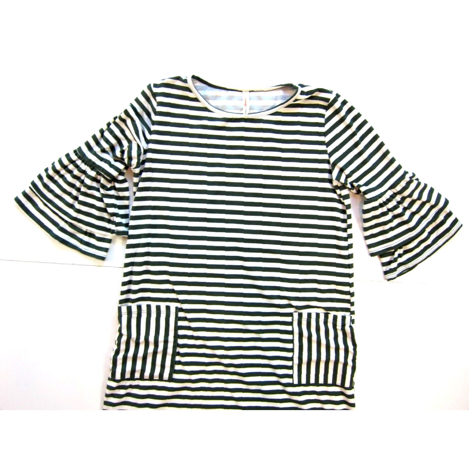 Vintage Orange Creek Dress Green Ivory Stripe Stretch Pocket Ruffle Sleeve Shift Small Size S / US 4 / IT 40 - 5 Thumbnail