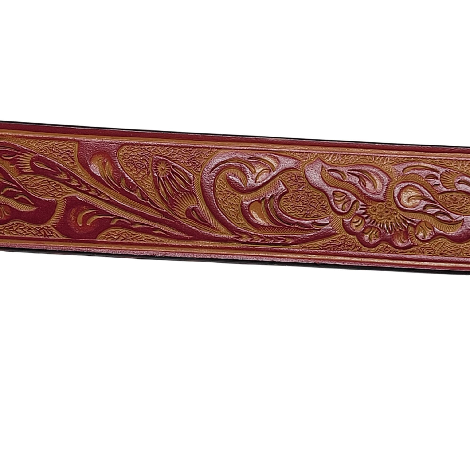 Vintage Vintage Style Tooled Bonded Leather Red Belt S Floral Design Size ONE SIZE - 8 Thumbnail