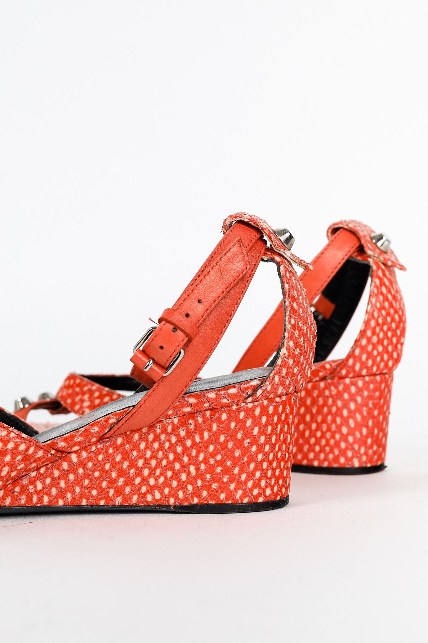 Balenciaga Balenciaga Orange Snakeskin-Embossed Studded Wedge Sandals Size US 4.5 / IT 34.5 - 8 Thumbnail