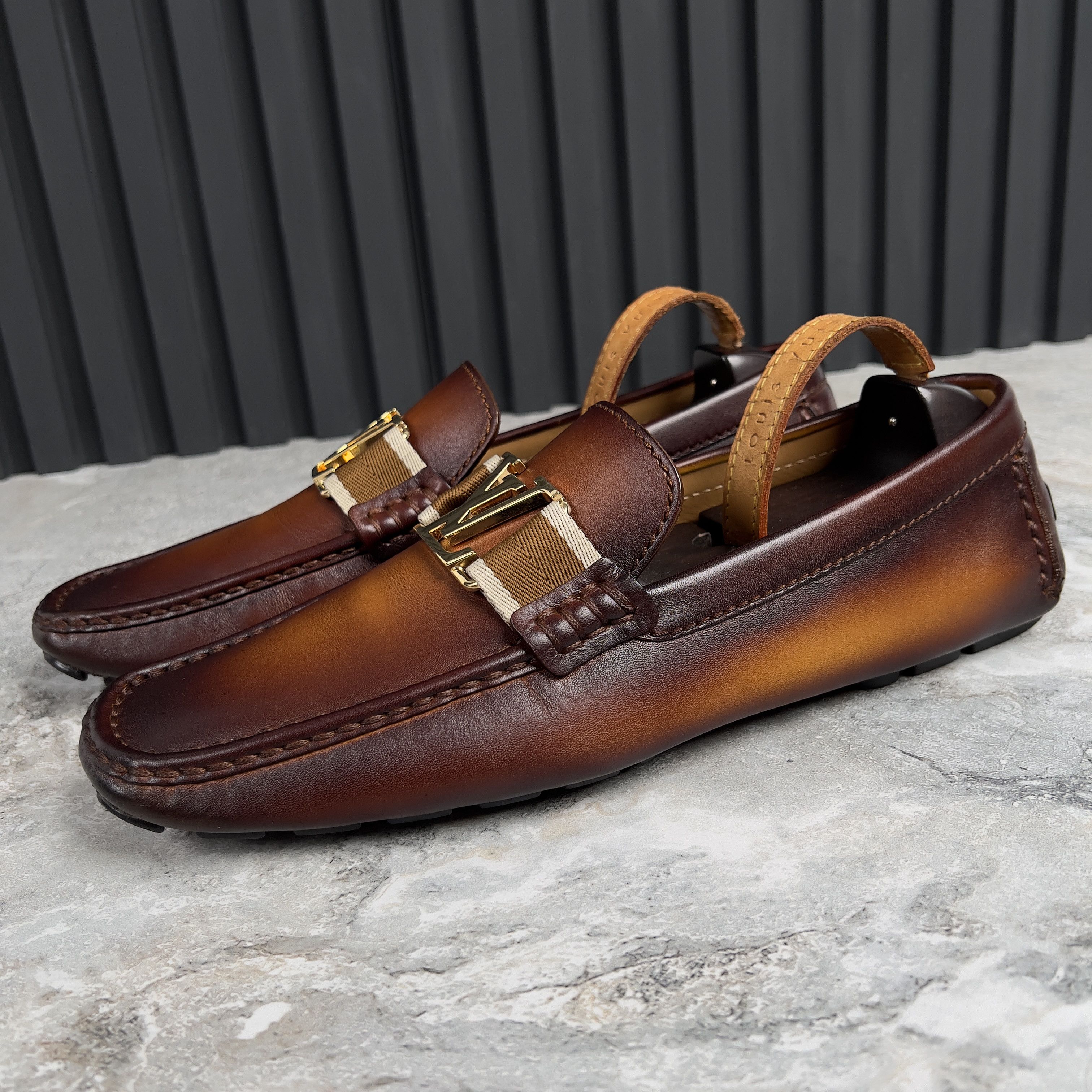 Louis Vuitton Monte Carlo Driving Moccasin Patina Leather Shoes in Brown, Men's (Size 9.5)