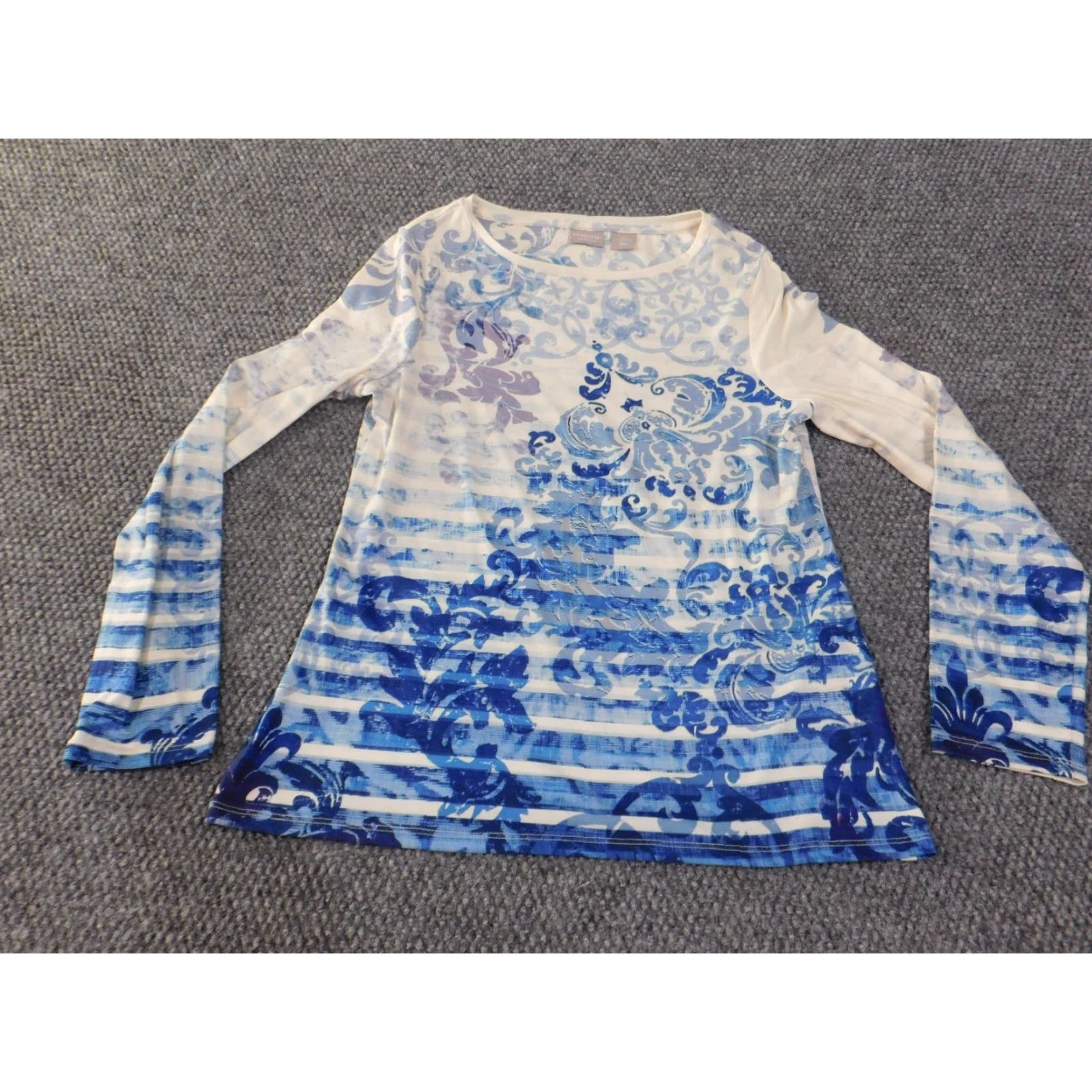 Vintage Chicos Blouse Shirt Womens 0 Blue Floral Knit Polyester Button Round Neck Long Sleeve Casu al Stretch Regular Vintage No Size XS / US 0-2 / IT 36-38 - 3 Thumbnail