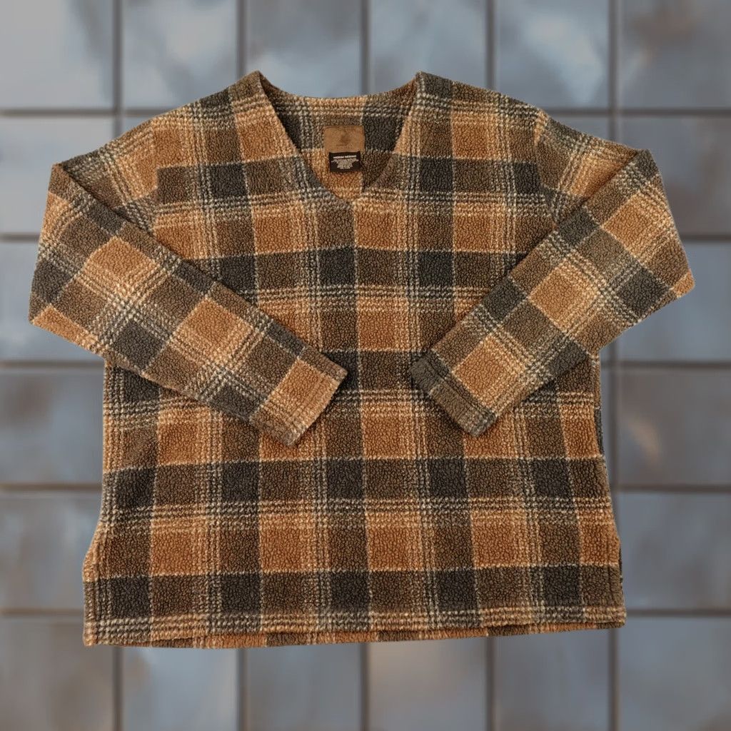 Vintage VINTAGE Womens Medium Brown Plaid Fleece V-Neck Pullover Made In USA Sweater Size M / US 6-8 / IT 42-44 - 1 Thumbnail