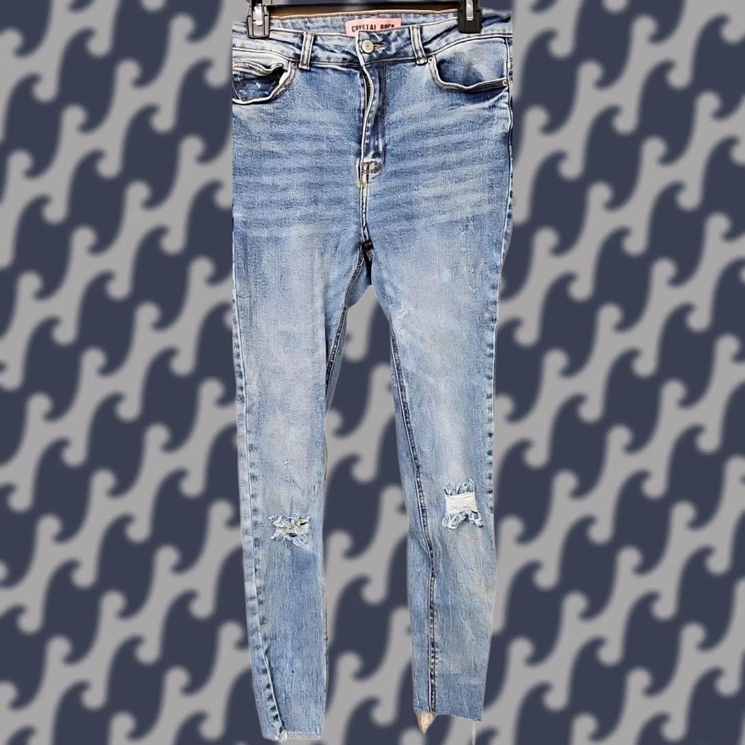 Vintage Crystal Rock Skinny Jeans Juniors 13 Women Denim Blue Light Wash Distressed Raw Hem Stretch Mid Rise Regular Inseam 26 in Button Zip 26W Size 34" / US 12 / IT 48 - 1 Thumbnail