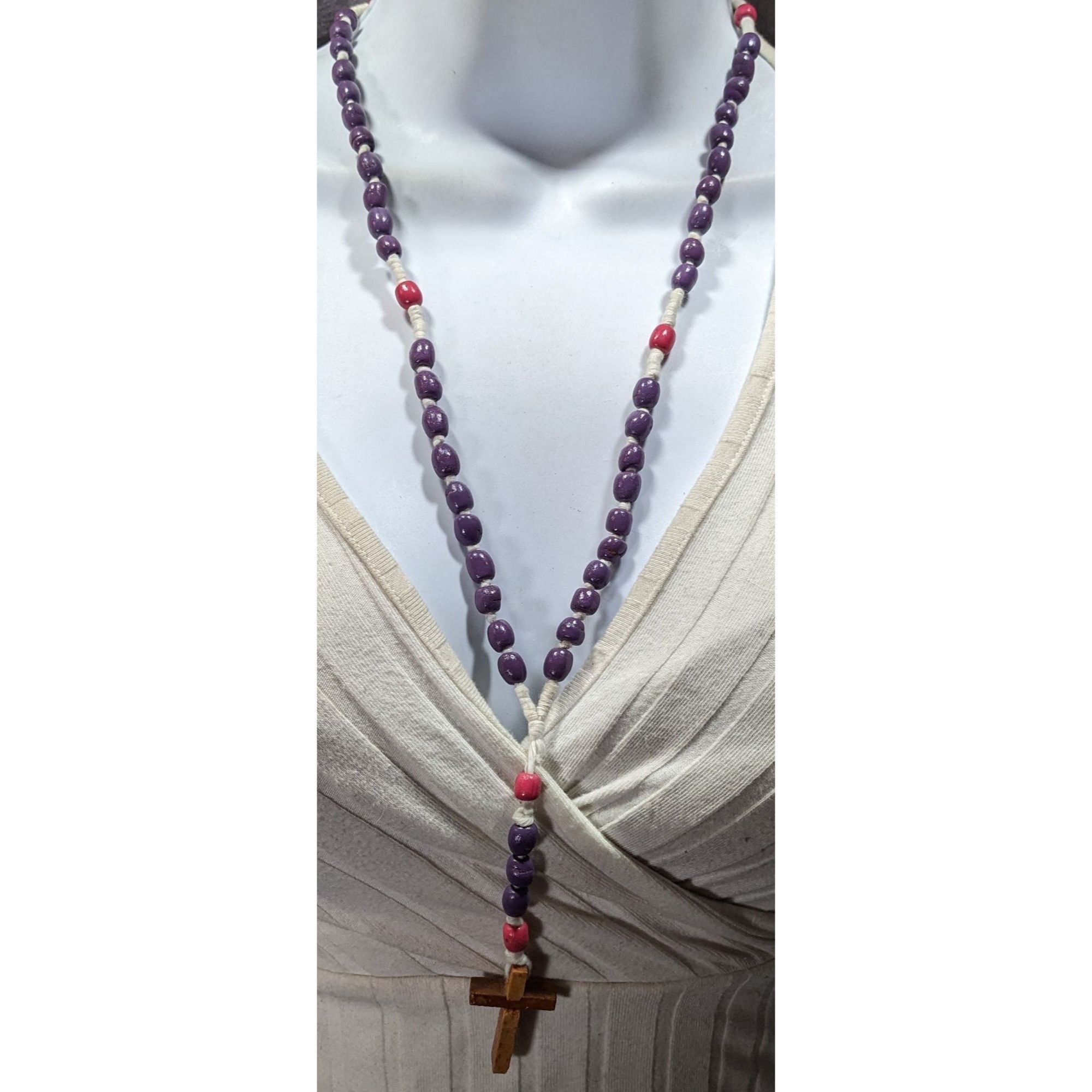 Handmade Handmade Pink And Purple Beaded Wooden Cross Necklace Size ONE SIZE - 4 Thumbnail