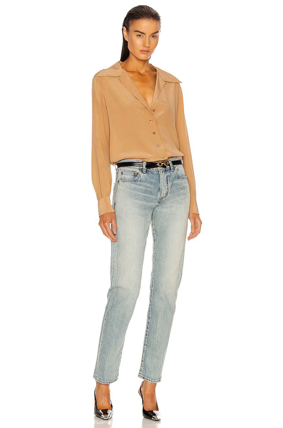 Saint Laurent Paris o1tp1o0125 Open Collar Blouse In Crepe in Beige/Rose Size XL / US 12-14 / IT 48-50 - 4 Thumbnail