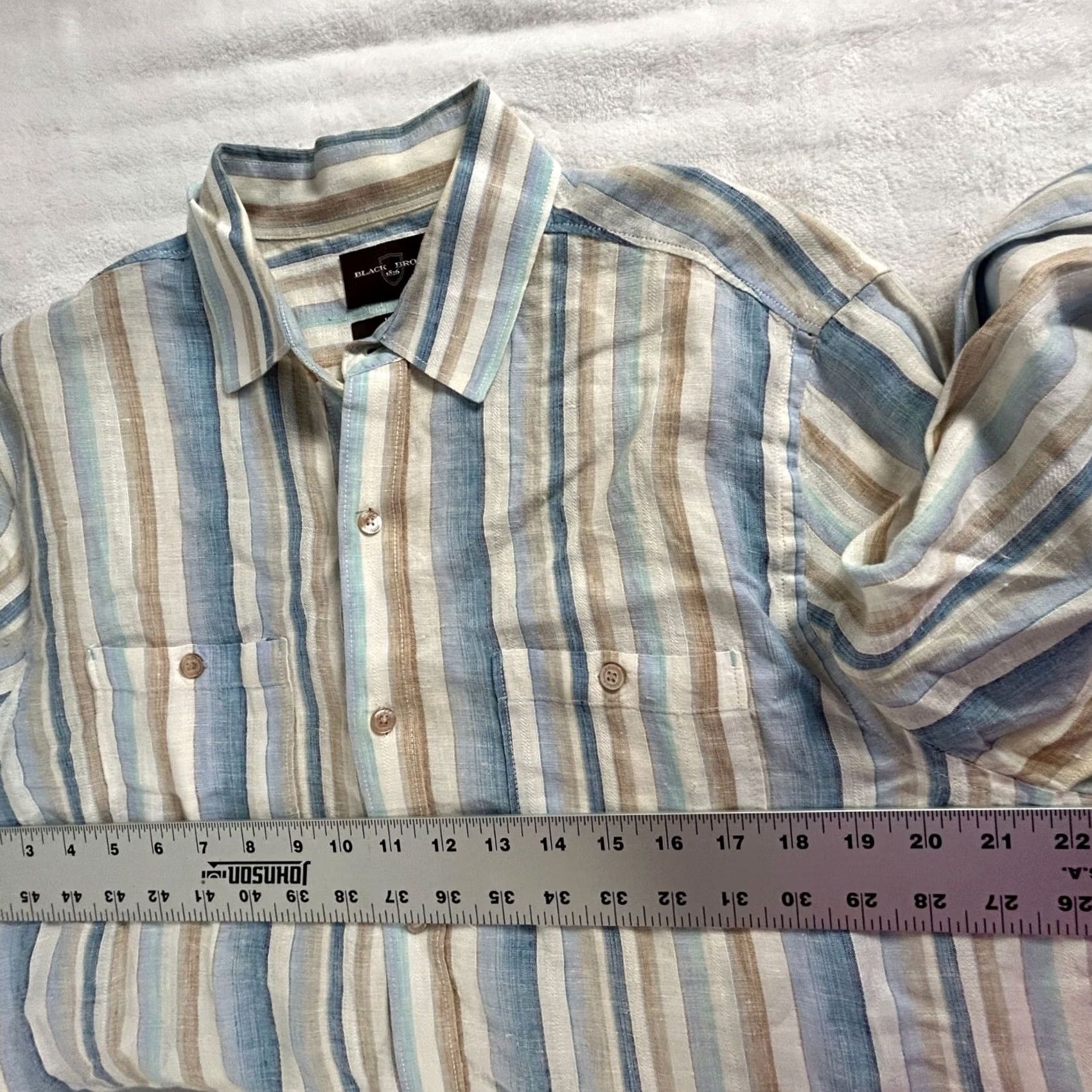 Vintage Black Brown 1826 Mens Striped Linen Button-Up Shirt MediumBlue/Tan Regular Fit Long Sleeve Casual Shirt Size US M / EU 48-50 / 2 - 6 Thumbnail