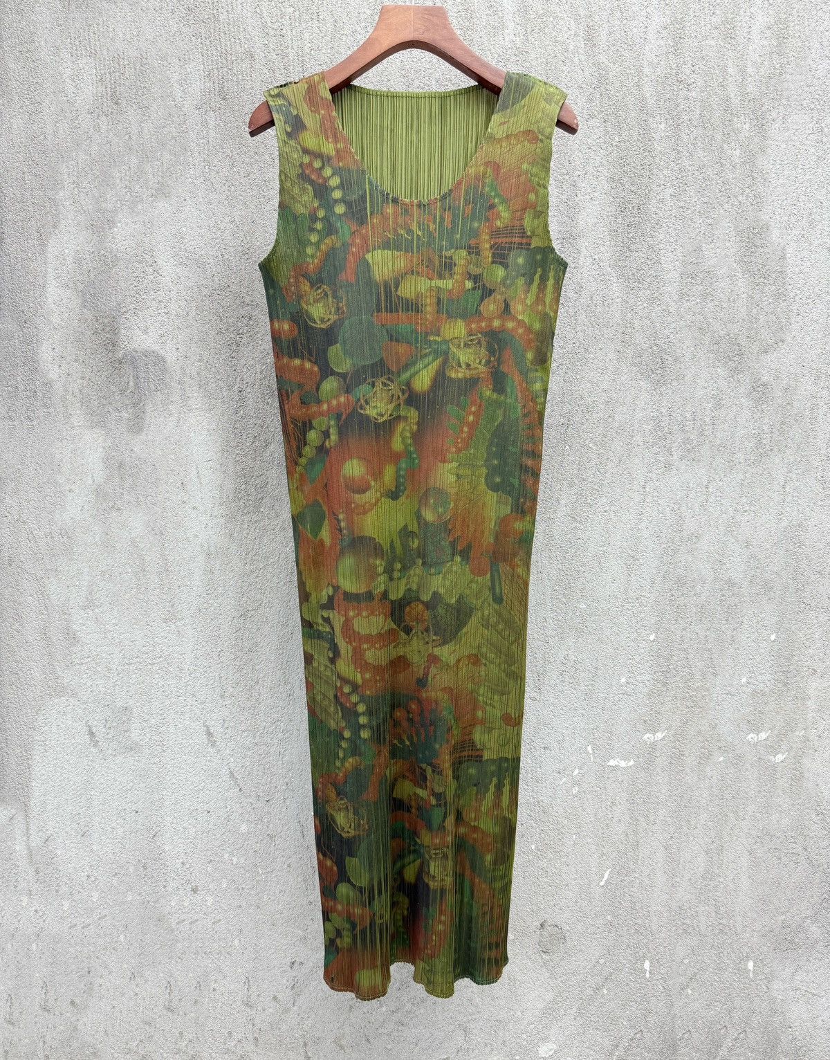 Issey Miyake × Pleats Please Issey Miyake Tadanori Yokoo Green Retro Psychedelic Pattern Dress Size ONE SIZE - 2 Thumbnail
